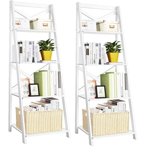 Tangkula 4-Tier Ladder Shelf Bookcase Leaning Free Standing Wooden Frame Decor Bookshelf Storage Flower Shelf Plant Display Shelf for Home Office (White, 2)