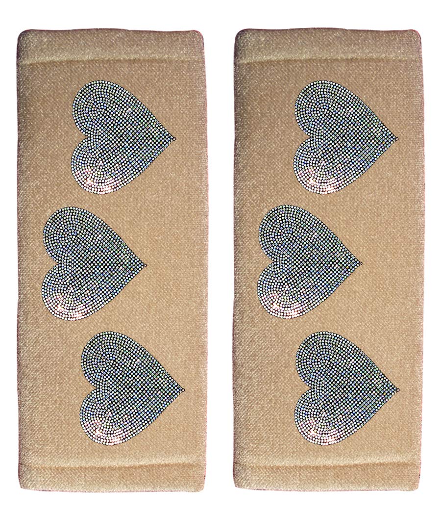 ALLBrand Universal Fit Car Truck Shiny Bling Sequins Studded Beige Seat Belt Covers - Pack of 2 (White Heart-Beige)