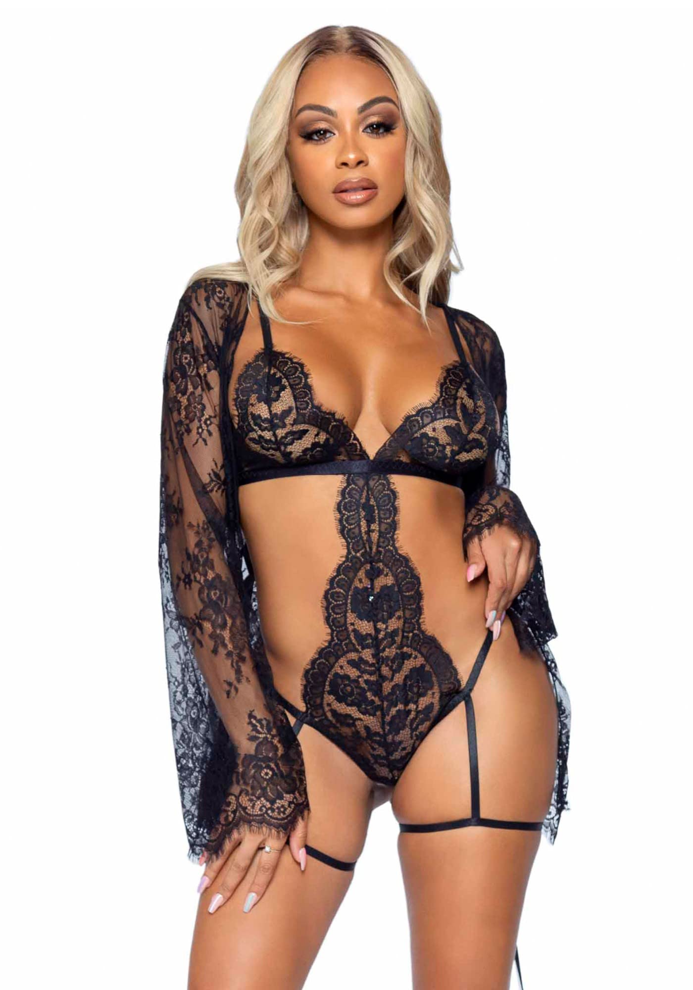 Leg Avenue Kostiumy dla dorosłych Kobiety 3 Pc Eyelash Lace Garter G-string Teddy With Lace Robe, Ribbon Tie