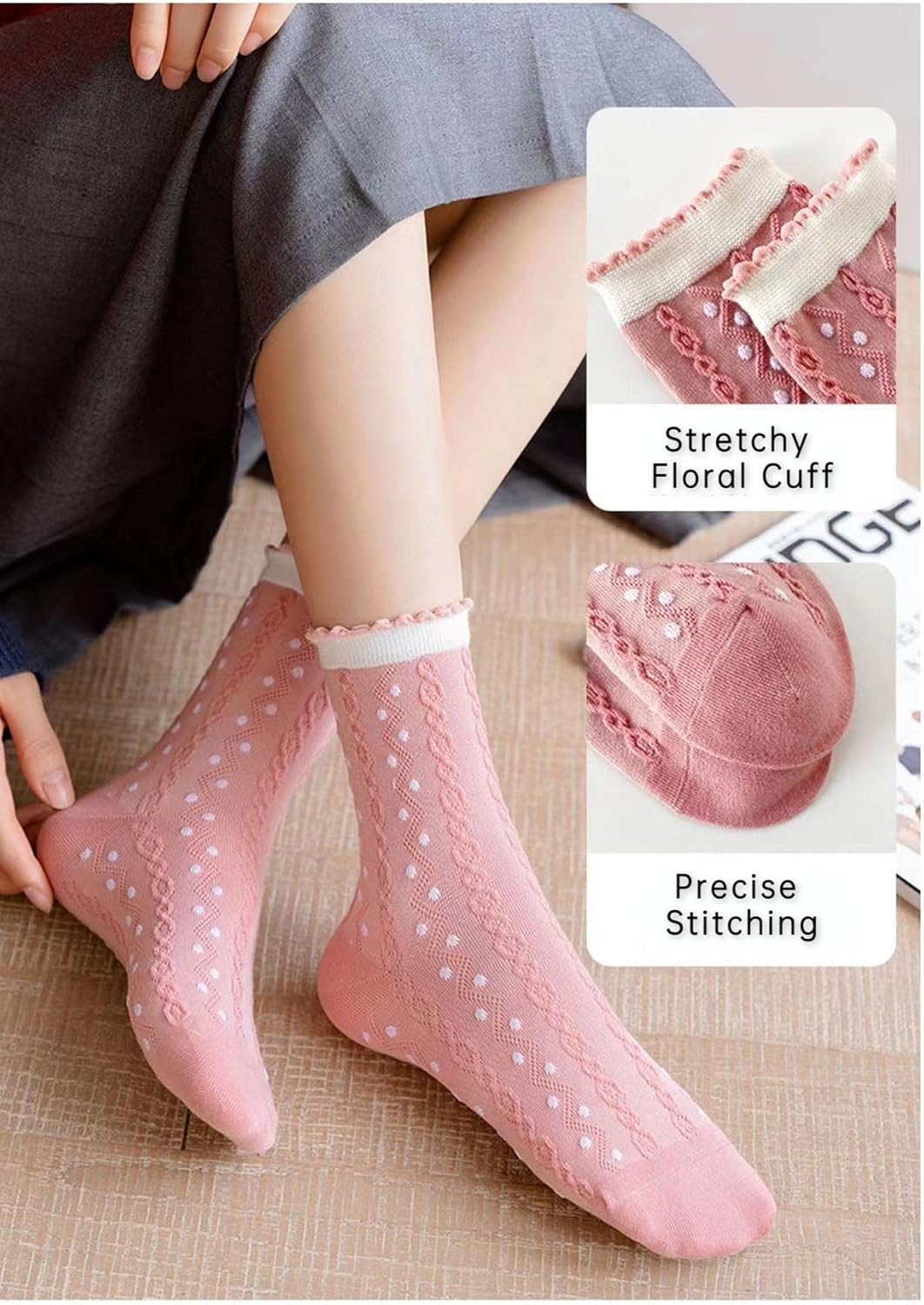 Vintage Embroidered Floral Socks for Women Combed Cotton Crew Socks