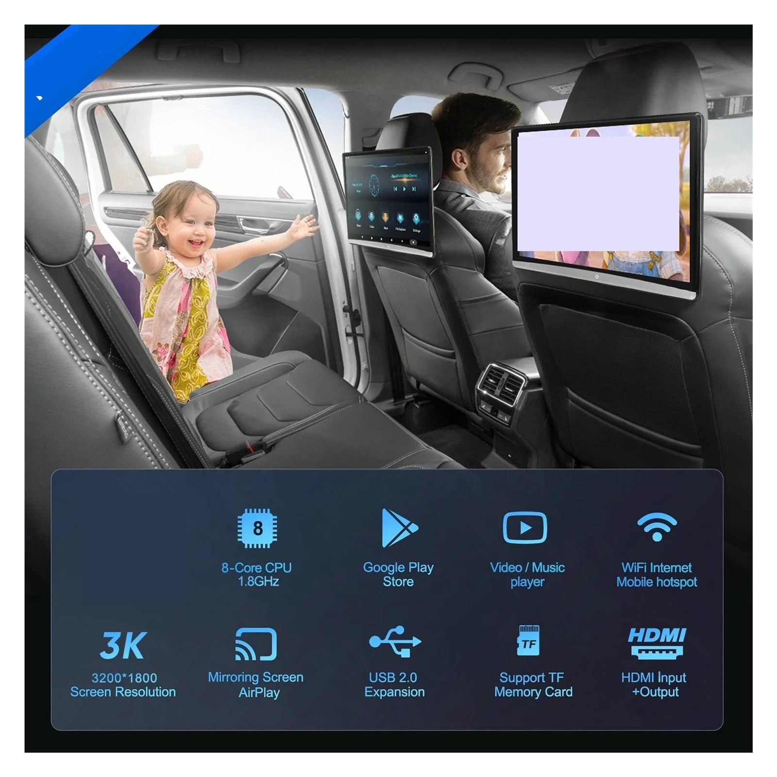 Telewizor Samochodowy Zagłówek Monitor Ekran Dotykowy 13,3 Cala 4K 1080P WIFI Bluetooth USB HDMI Tablet Odtwarzacz Filmów Wideo Łatwa Konfiguracja Na Wycieczki(13.3 in 4G 64G 1)