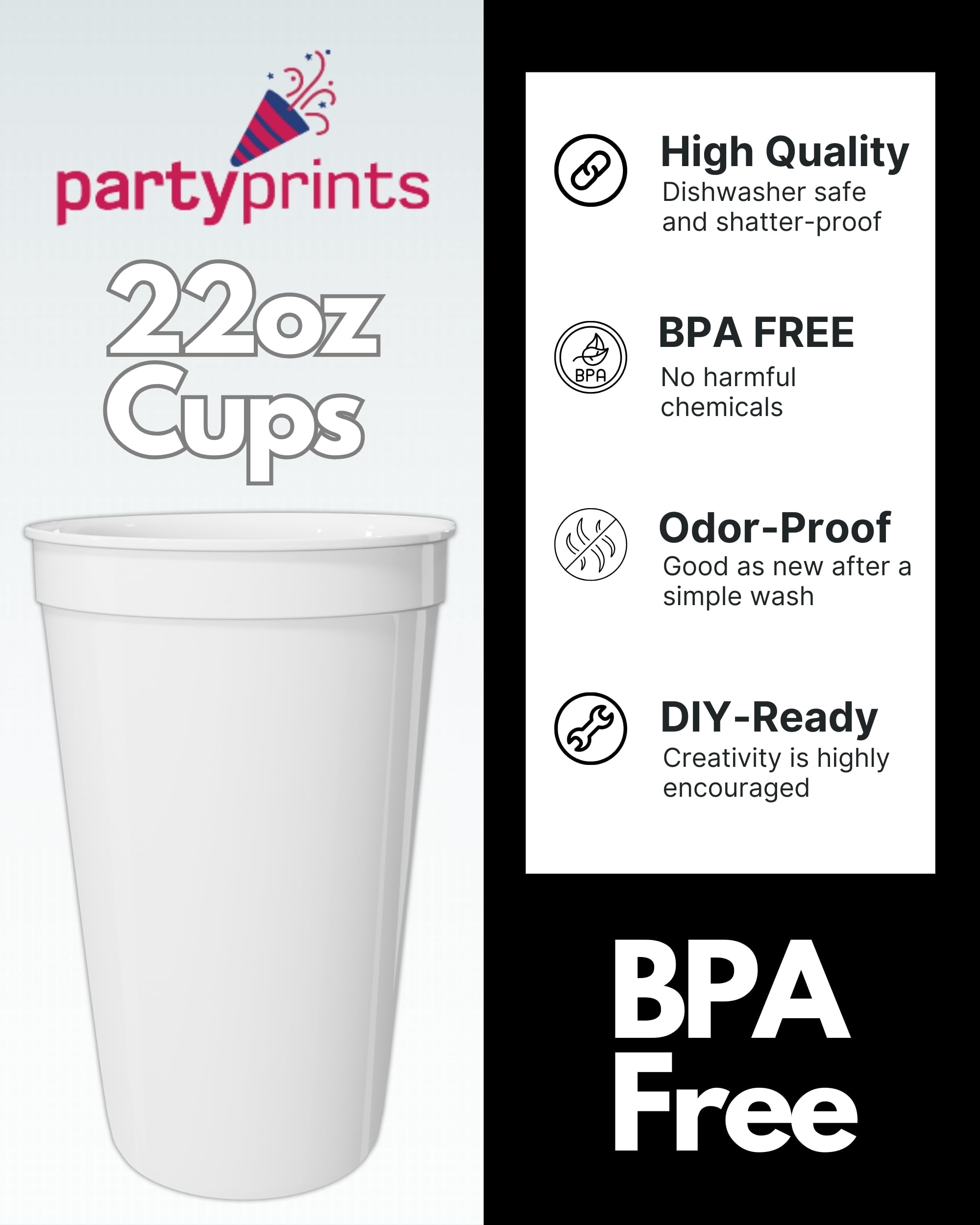 PartyPrints 10 Pack 22 oz White Reusable Blank Plastic Cups, Colored Plastic Drinking Cups Food-Grade Stackable Water Cups for Party, Weddings, Events or DIY Projects
