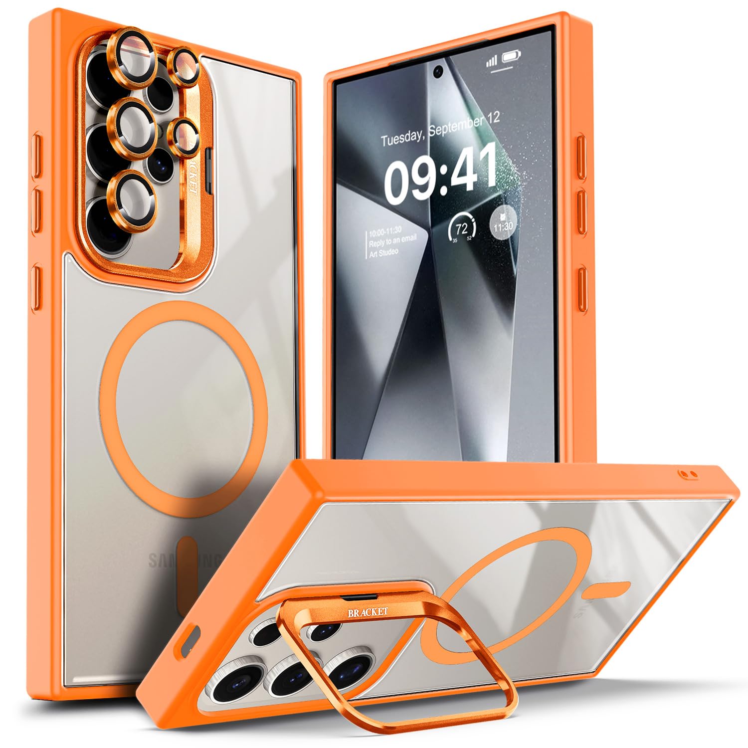YZB Magnetic for Samsung Galaxy S24 Ultra Case, Orange | Compatible with MagSafe | Built-in Stand & Camera Lens Protector | Anti-Yellowing & Scratch-Resistant Crystal Clear Back Cover