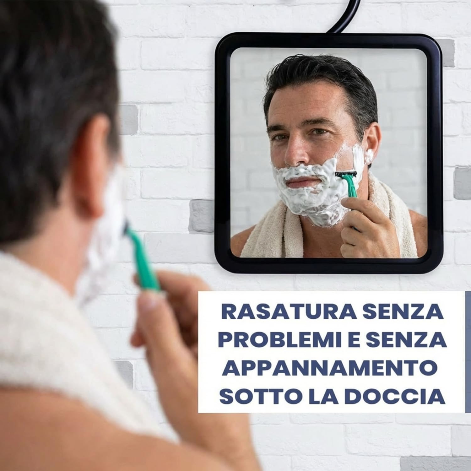 Mirrorvana Specchio da doccia antiappannamento appendibile, ideale per rasatura uomo senza ventosa, specchio bagno senza condensa e infrangibile (plastica, 20 x 18 cm)