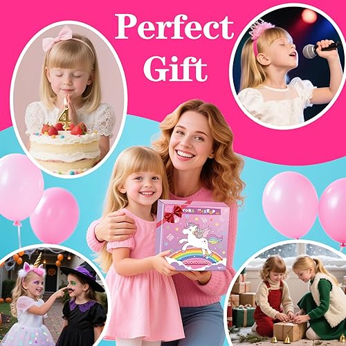 Miniatura 9 de Kit de maquillaje real para niñas, juego de maquillaje con bolsa de cosméticos de unicornio, no tóxico, lavable, perfecto cumpleaños, para niños