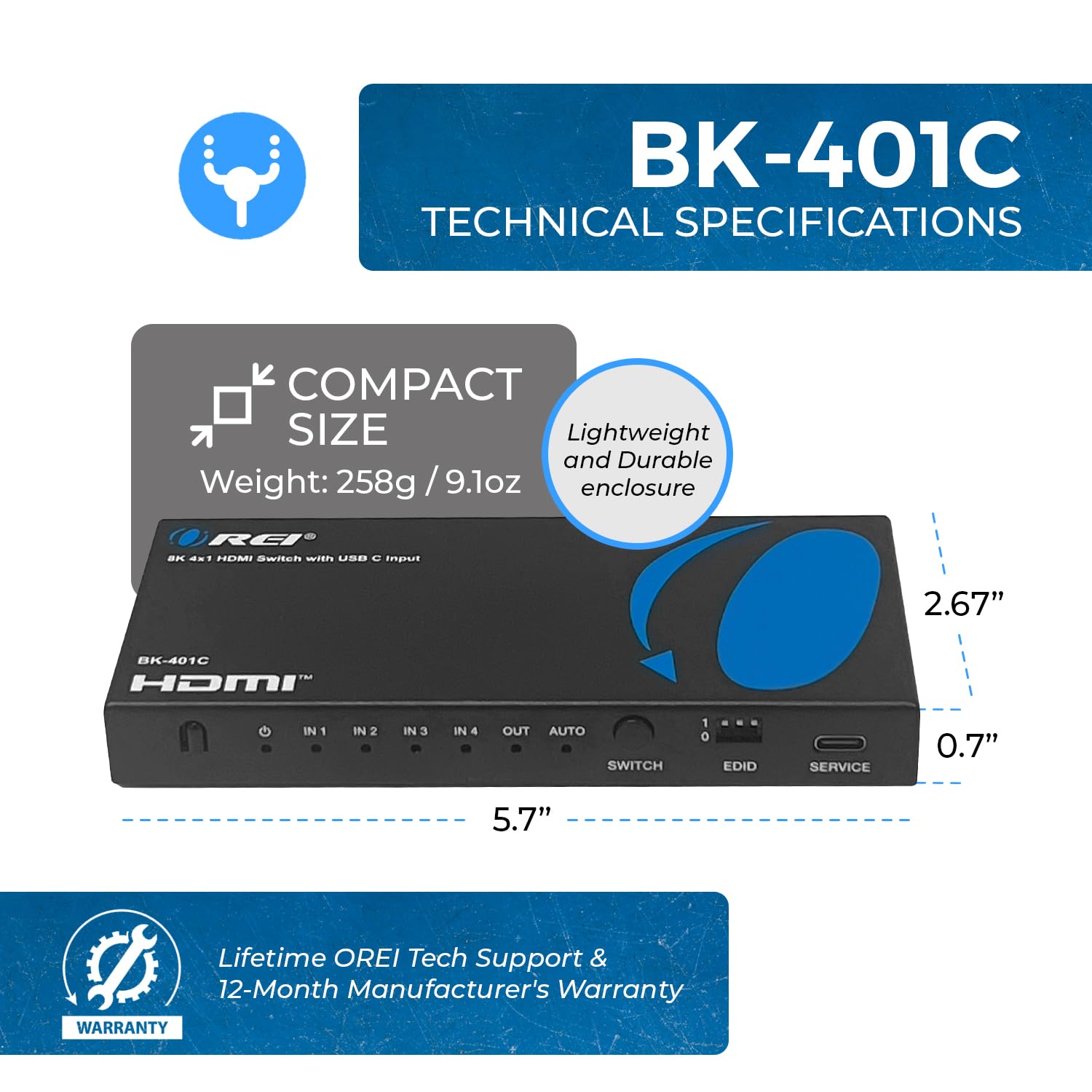 OREI 8K 4x1 USB-C/HDMI 2.1 Switch 4K @ 120hz Switcher 4 in 1 Out, supporto HDR, HDR10, Dolby Vision, HLG 48Gbps per Xbox Series X PS5 Roku Fire TV Monitor proiettore Dolby