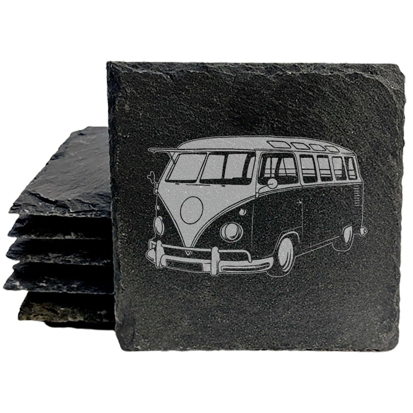 Vintage VW Bus Slate Coasters - Set of 4 | Laser-Etched Retro Volkswagen Drink Mats for Home & Car Enthusiasts!- Square Slate - set of 8