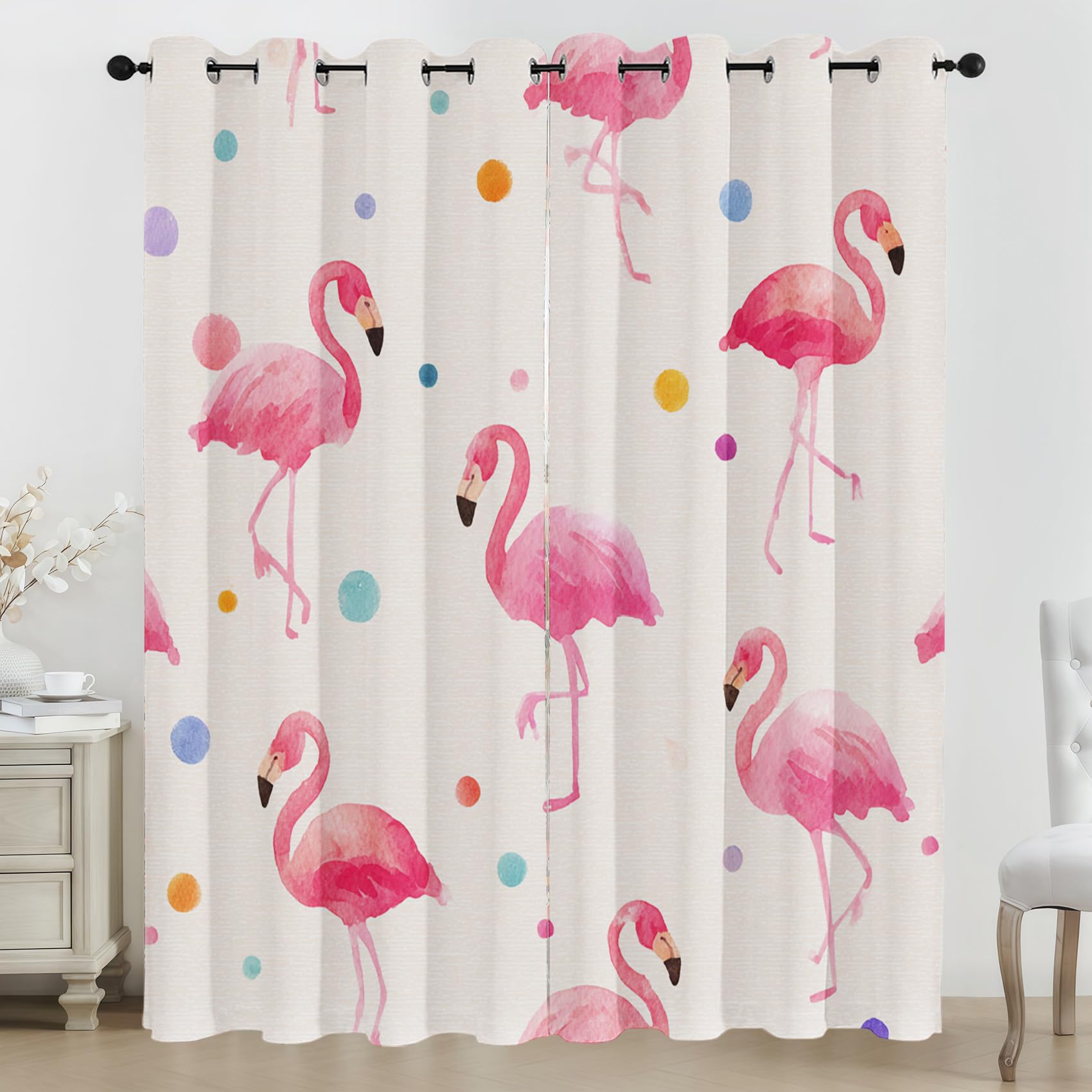 Pink Flamingo Eyelet Curtains, 3D Boys Girls Kids Print Blackout Curtains, 2 Panels Room Darkening Thermal Insulated Window Drapes for Living Room Bedroom, 90 x 108 Inch G71z