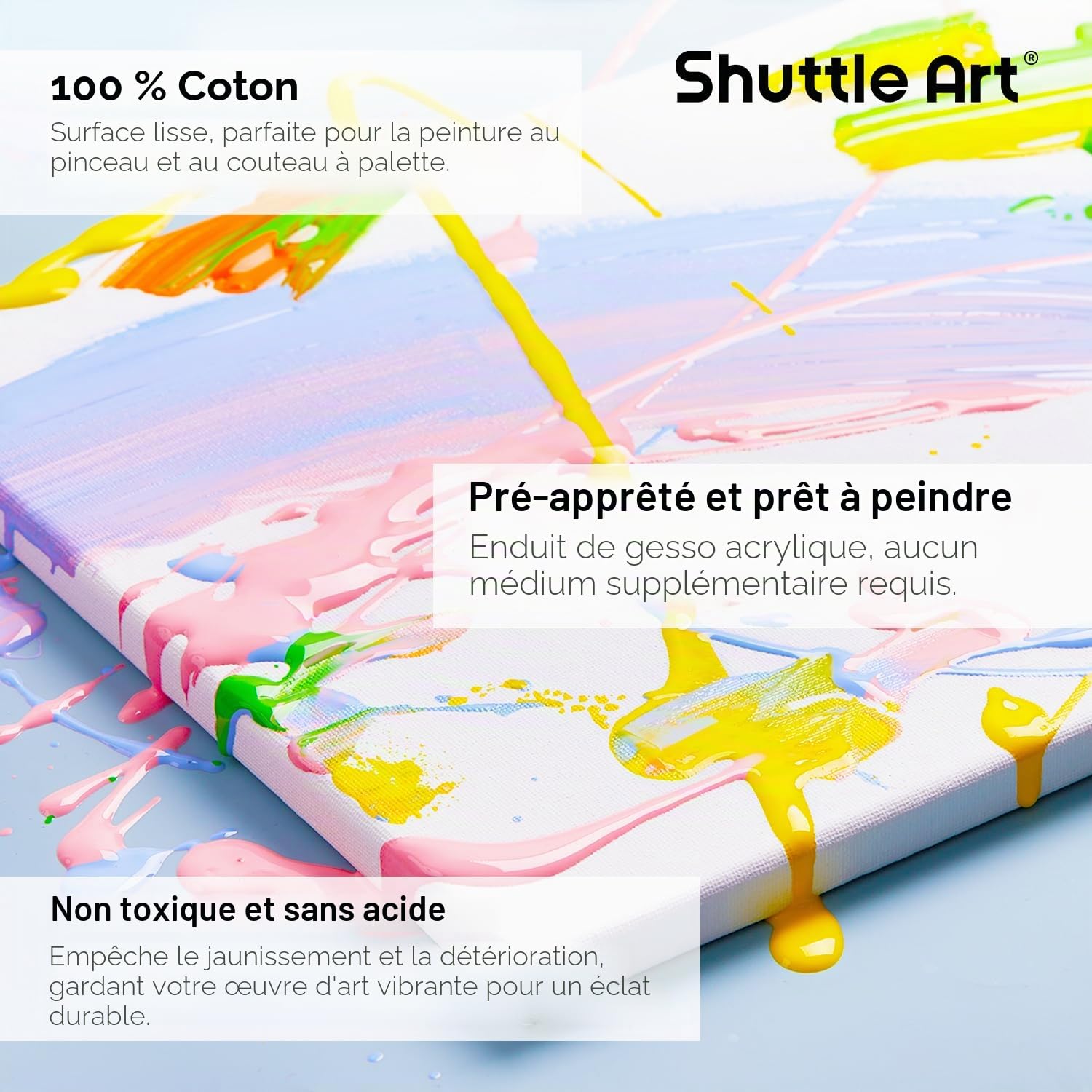 Shuttle Art Lot de 15 toiles tendues, 100 % coton, 12,7 x 17,8 cm, 22,9 x 30,5 cm, 27,9 x 30,5 cm (3 de chaque), 100 % coton, toile blanche apprêtée, toiles d'art pour peinture acrylique, peinture à