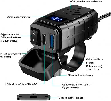 Coverzone Motosiklet Hızlı Şarj Cihazı 12V-24V Su Geçirmez Çift USB Type-C PD Hızlı Şarj Portu Gidon Bağlantılı Telefon Tablet Şarj Adaptörü, Motosiklet, Bisiklet, Atv, Tekne, Motor Aksesuarı MT4