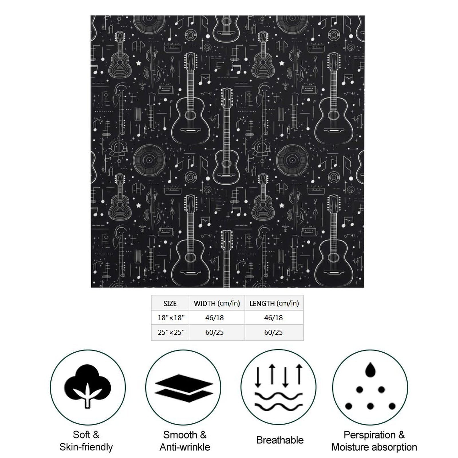 Bandanas negras con estampado de guitarra para mujeres y hombres, bandana de seda, pañuelo para la cabeza, pañuelo para el cabello