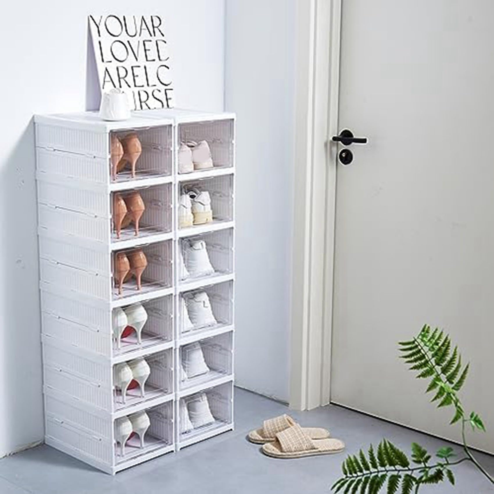 moonsun 2 scatole portaoggetti per scarpe, montaggio, pieghevole, con porta trasparente, salvaspazio, in plastica e trasparente