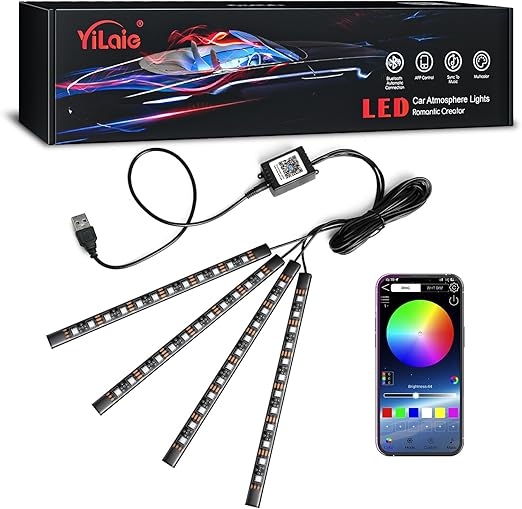 YiLaie Car Lights Interior, Multicolor Music Car Strip Light Under Dash Lighting Kit with App Control, USB Neon Interior Lights for Ambient Lighting DC 5V