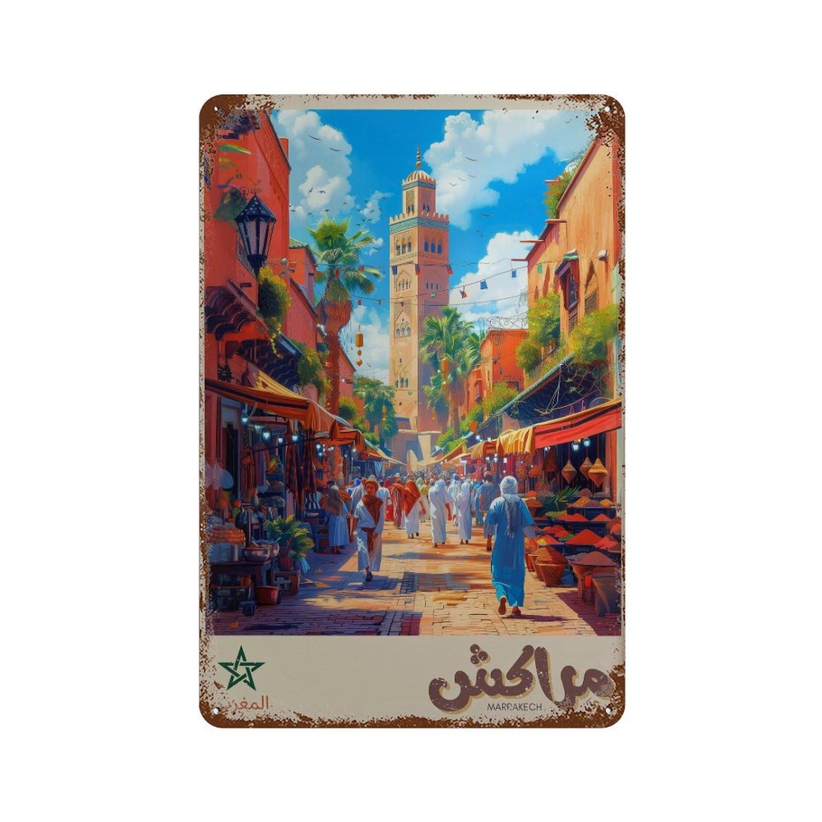 xiaoxiaoshen Marrakesh Morocco Travel Vibrant Desert in Arabic Writing Wall Decor Art Metal Tin Poster Modern Home Decor Art Home Bar Shop Decorations Vintage Sign 30x20cm