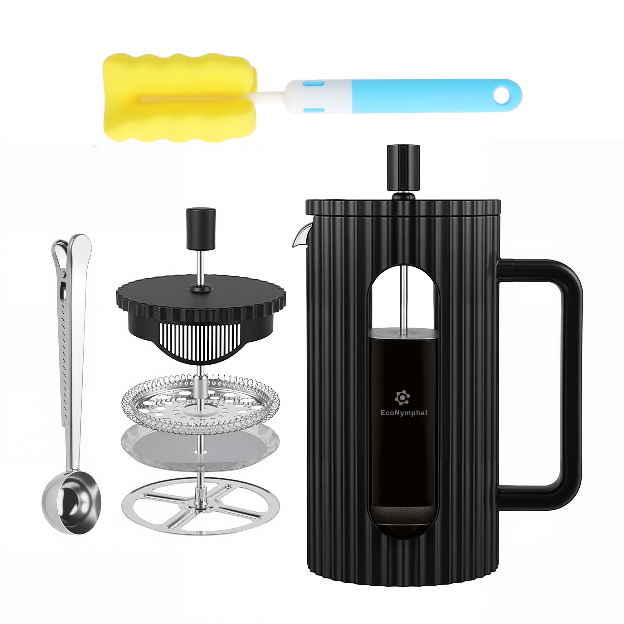 EcoNymphal French Press 1 Liter (1000ml) - Kaffeepresse aus heißfestem Glas mit Edelstahlfilter - Ideal für Cold Brew & Kaffee - BPA-Frei & Spülmaschinenfest - Inkl. Löffel & Bürste