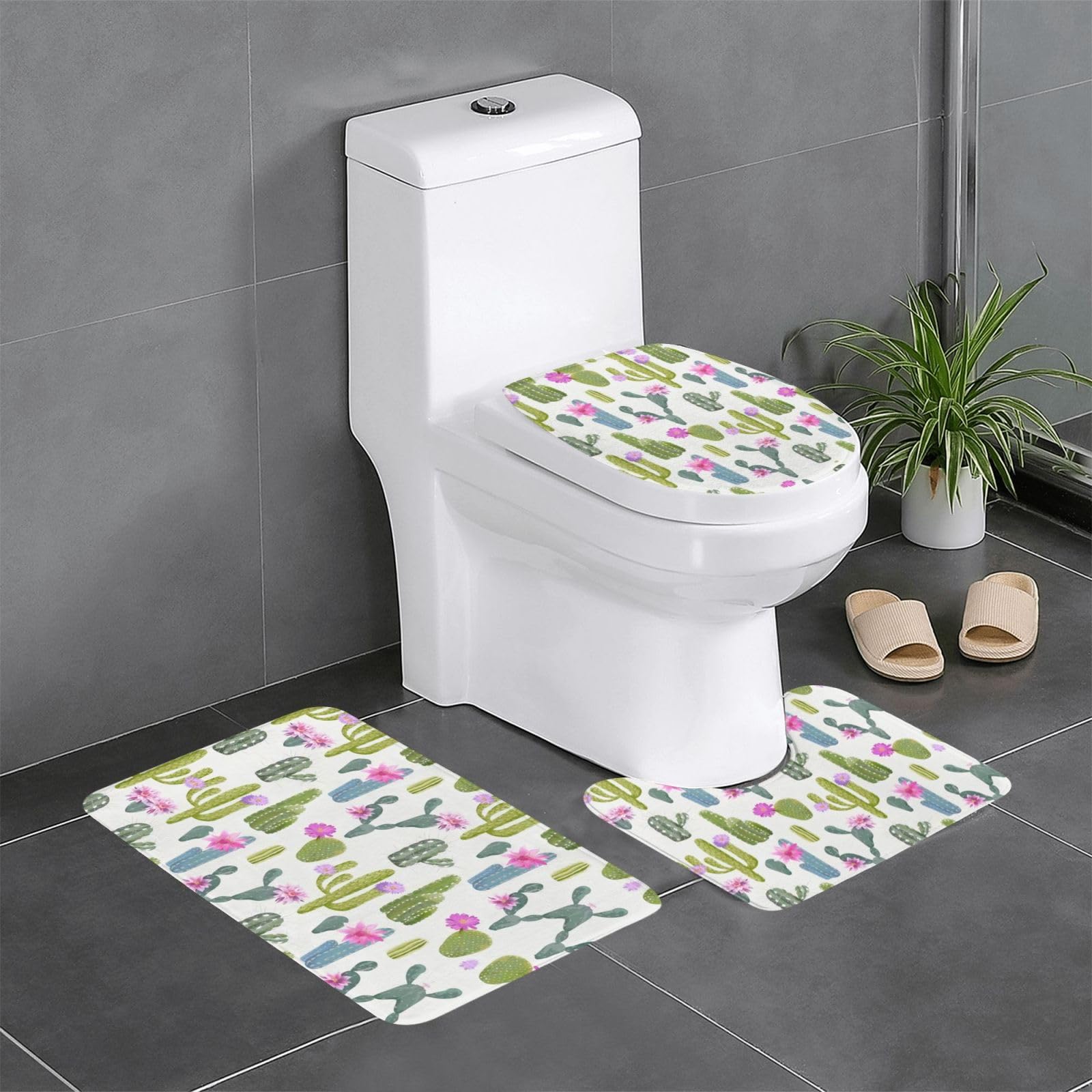 Tapis de salle de bain motif cactus fleuris : lot de 3 déco sol anti-glisse