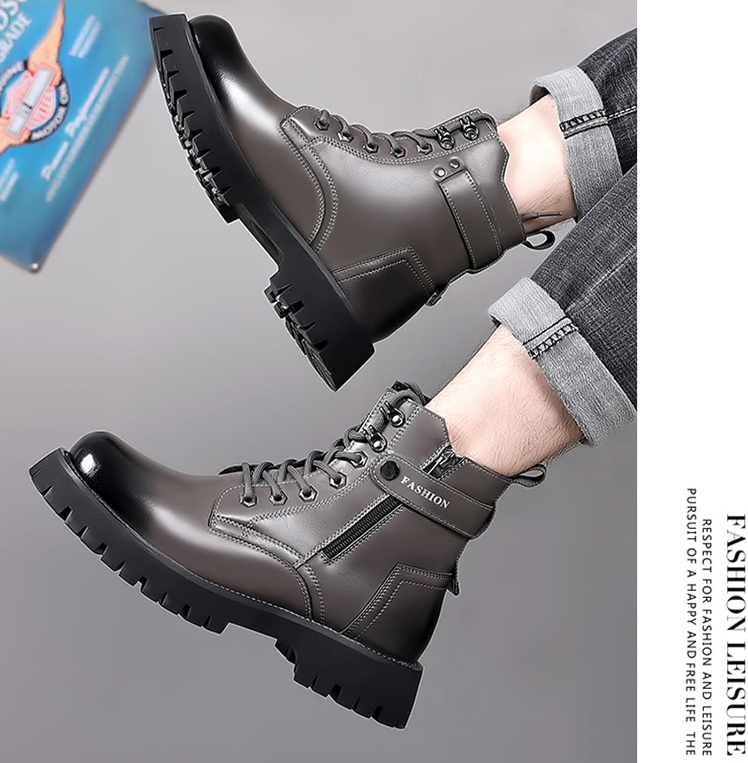 Chukka Ankle Boots for Men's Lace-up Chunky Platform High Top Side Zipper Combat Boot with Buckle Comfort Round Toe Non-Slip Lug Sole Casual Business Work Outdoor Ankle Booties