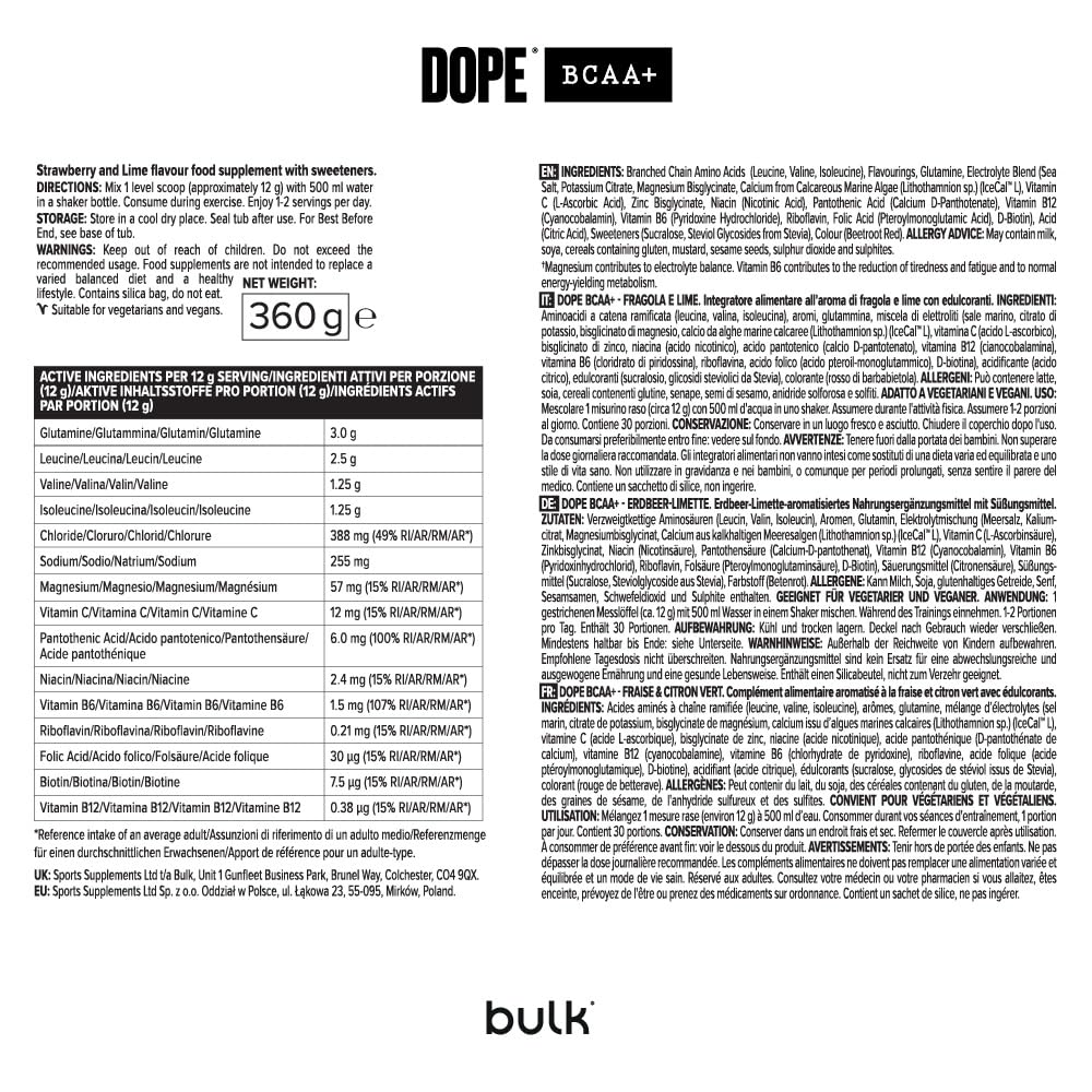 Dope BCAA+ | Intra-Workout Powder | Strawberry Lime | 360 g | 30 Servings | 5g BCAAs | Electrolyte Blend | Glutamine | Vitamin B6 & B12 | Supports Hydration, Energy & Recovery