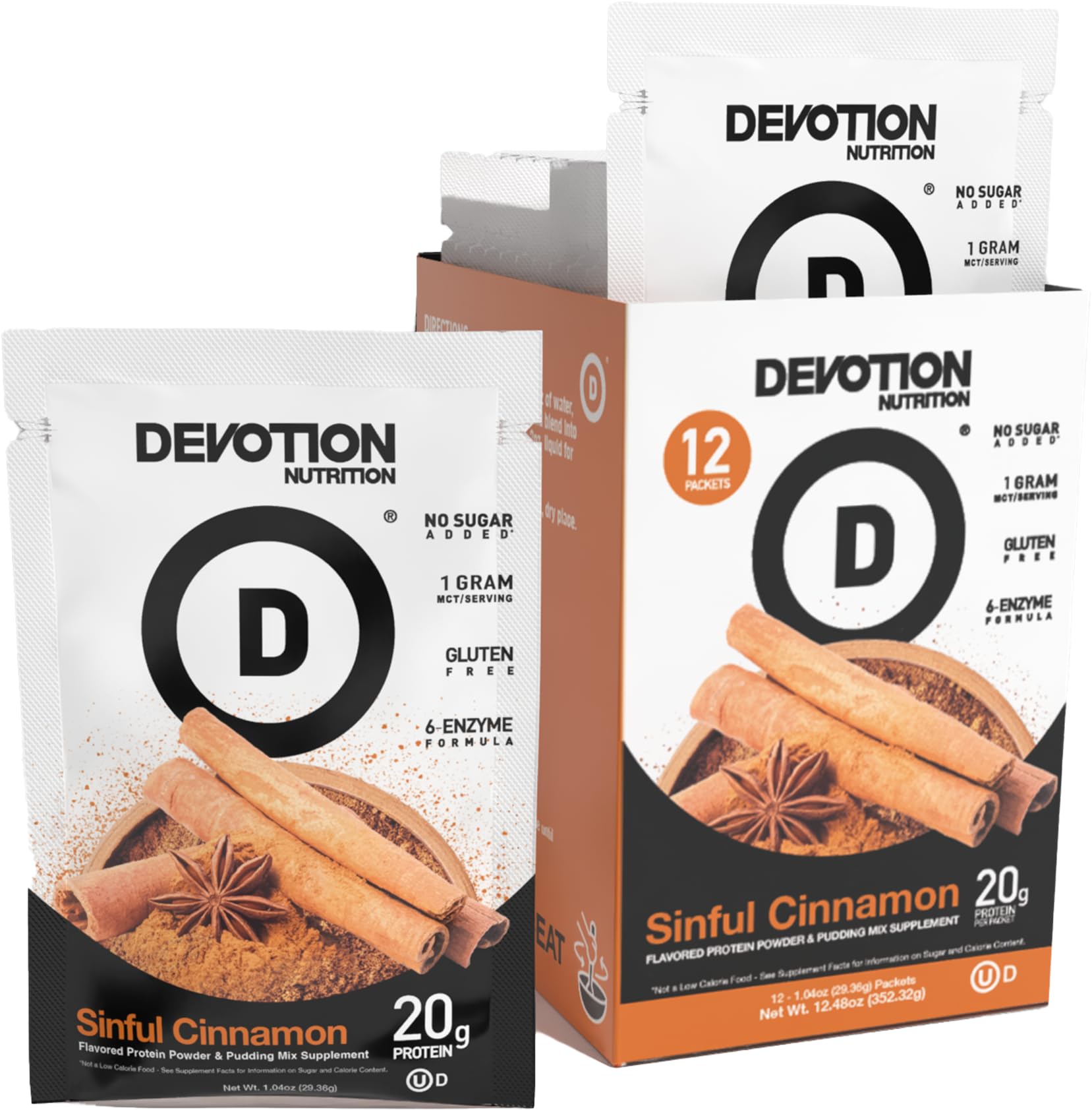 Devotion Nutrition Blend proteico de whey e caseína micelar, 20 g de proteína e 1 g de MCT, 12 sachês