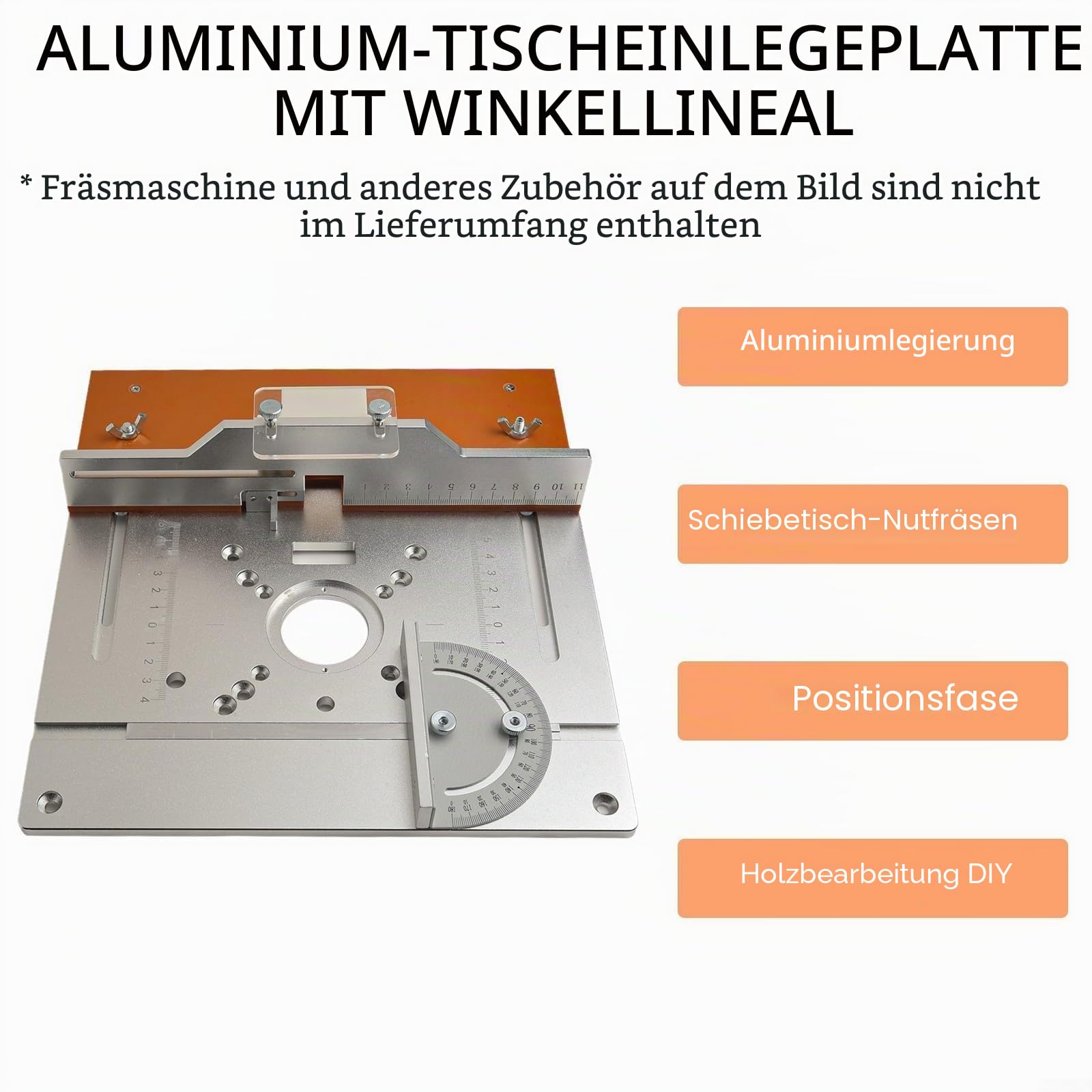 Frästisch-Einsatzplatte für Holzfräsen mit Zentrierloch und Gehrungslehre