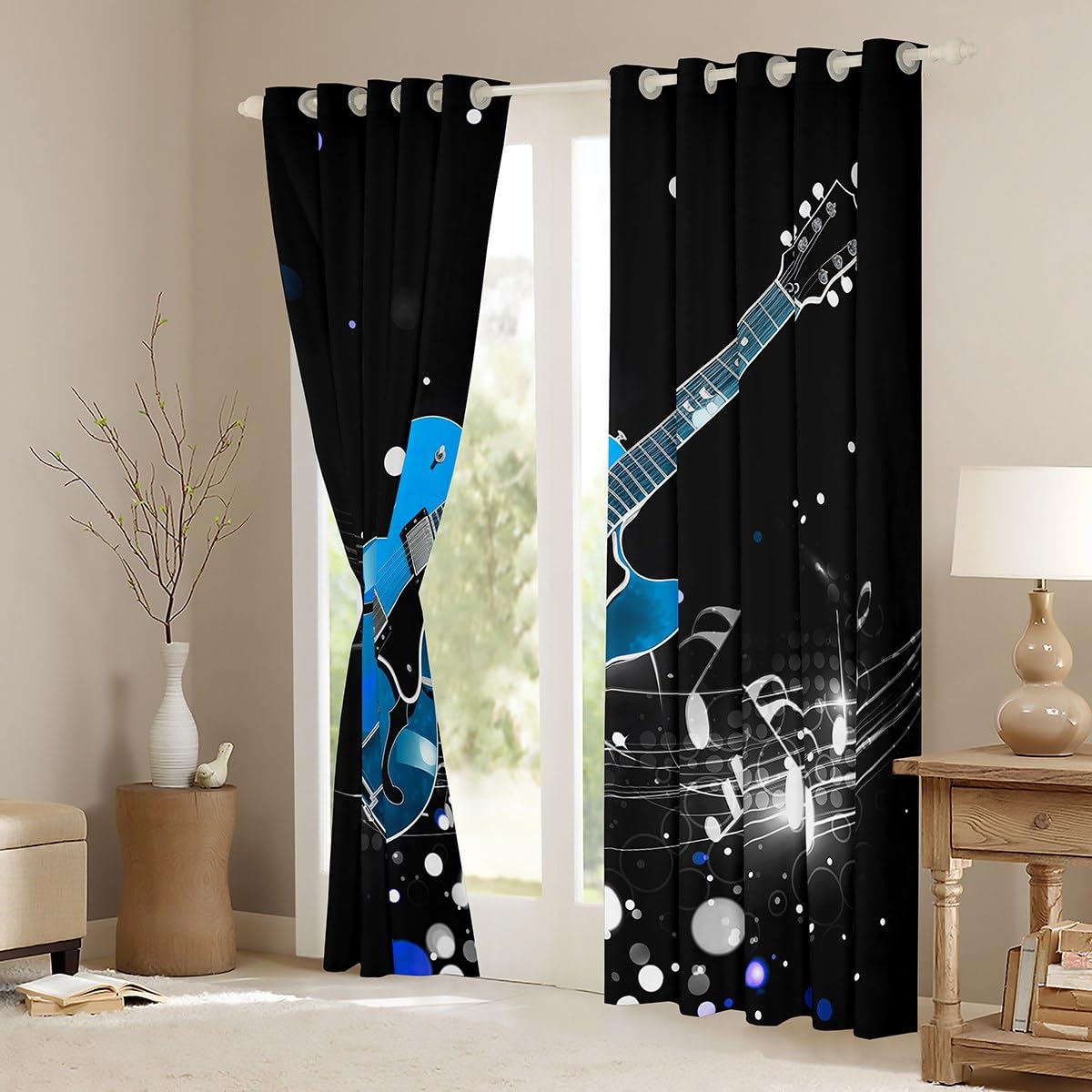 3D Electric Guitar & Music Notes Window Curtains - Teal, Velvet, Grommet Top, 52x84 Inch Per Panel (Set Of 2) - View #5