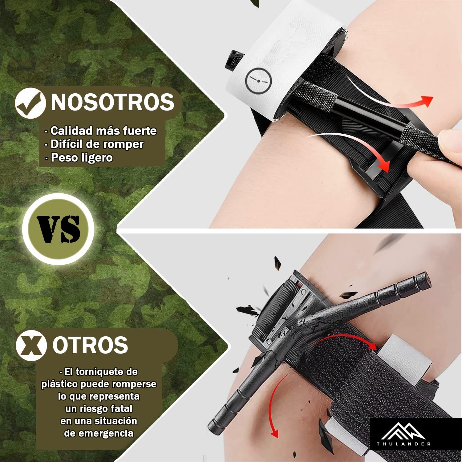 Thulander Pack Torniquete Tactico + Vendaje Israeli Botiquin Primeros Auxilios para Hemorragias Control Perdida de Sangre Kit de Emergencia para Supervivencia Uso Militar Policial IFAK