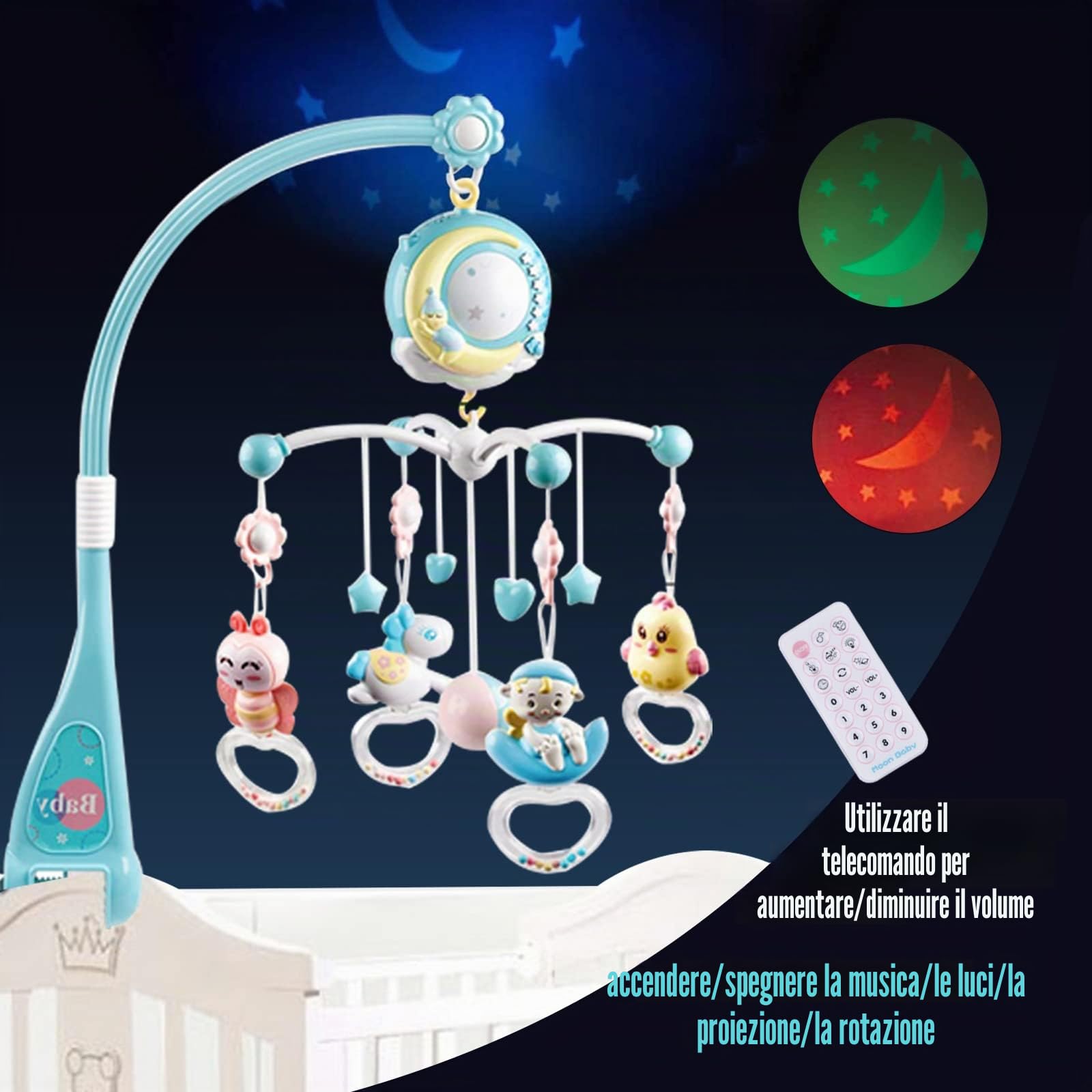 Giostrina Lettino Neonato, 4 in 1 Lettino mobile con musicale leggero, proiettore a stella rotante, Culla Proiezione Mobile Neonati per Bambini 0-5 Mesi