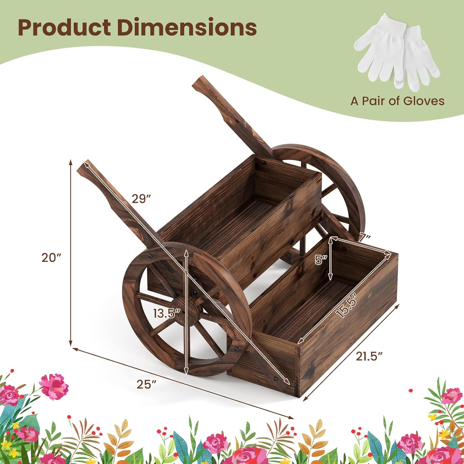 Giantex Wooden Wagon Planter Box, Rustic Garden Planter with Wheels, Handles & Drainage Holes for Flowers Herbs Vegetables, Indoor Outdoor Decorative Flower Cart for Patio Balcony (1)