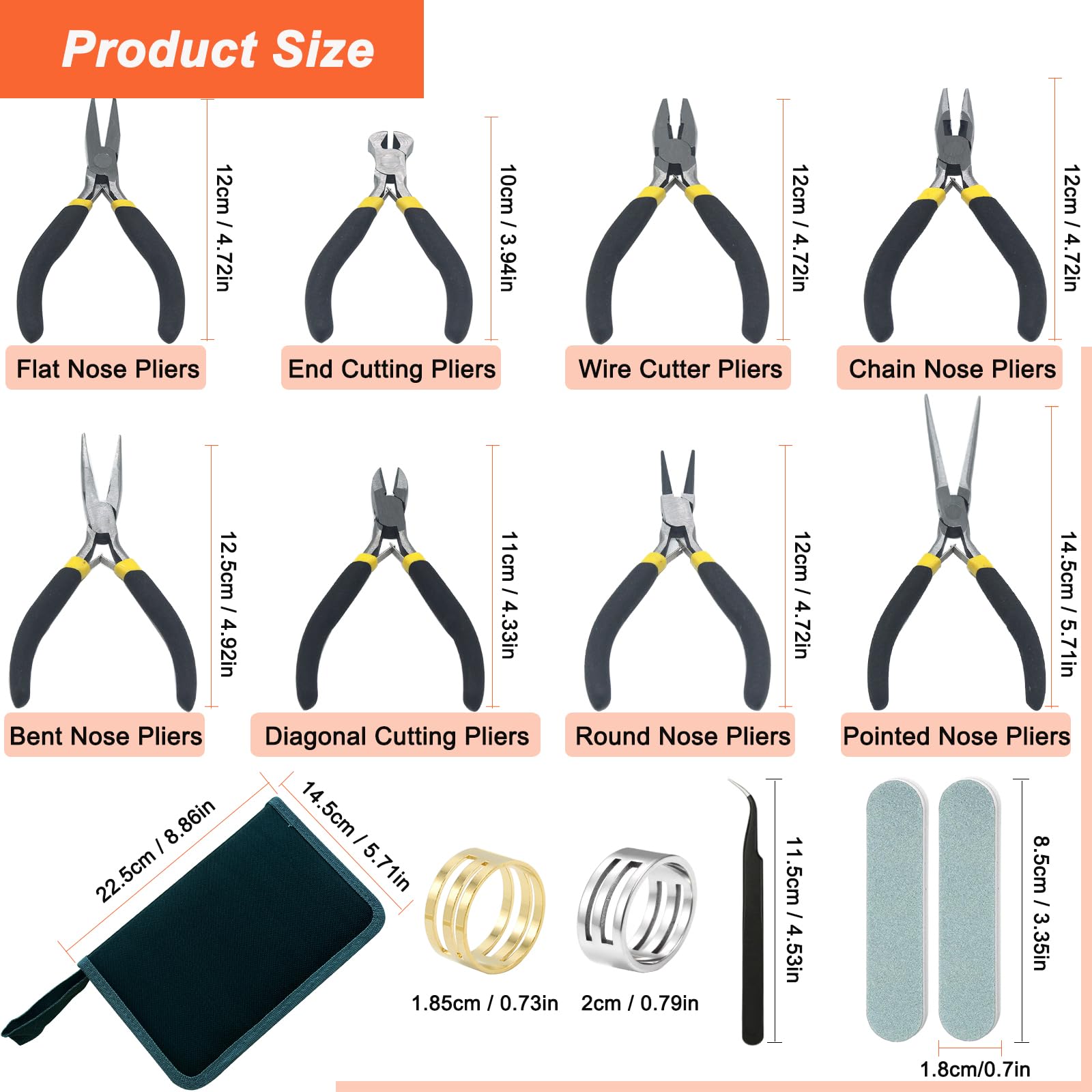 Lot de 8 pinces à bijoux comprenant une aiguille, une chaîne de nez, une pince ronde courbée, un coupe-fil pour le bricolage, le sertissage, la réparation de coupe (noir et jaune)