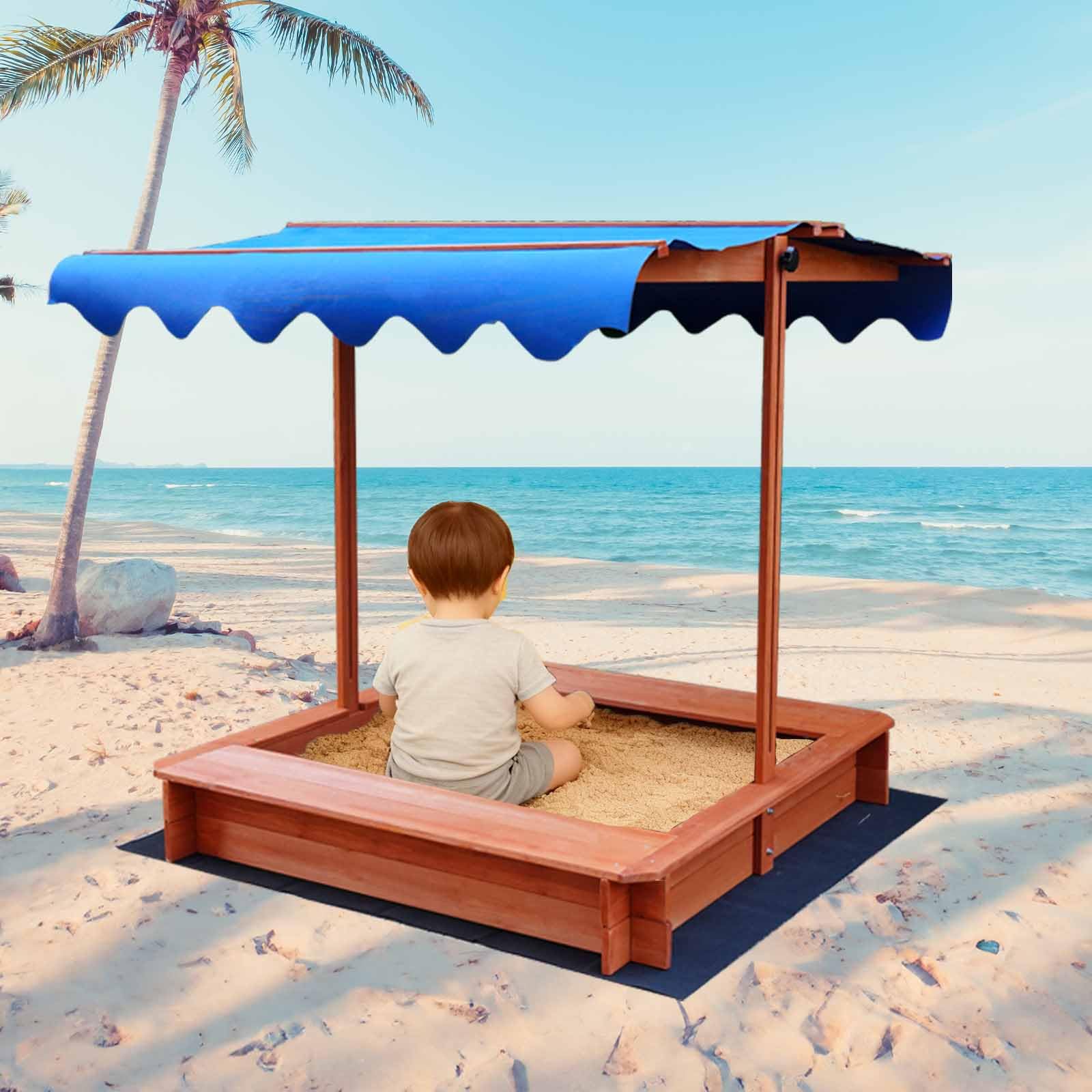 Bac à sable avec toit et banc, en bois, 114 x 114 x 114 cm, protection UV, bleu, avec tissu non tissé, le sac de sable convient uniquement aux enfants