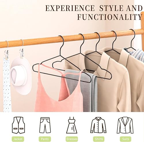 Miniatura 7 de Juego de 40 perchas + 5 clips, perchas de metal negro mate resistentes de 16.69 pulgadas, soporta 50 libras de peso, acabado con recubrimiento en