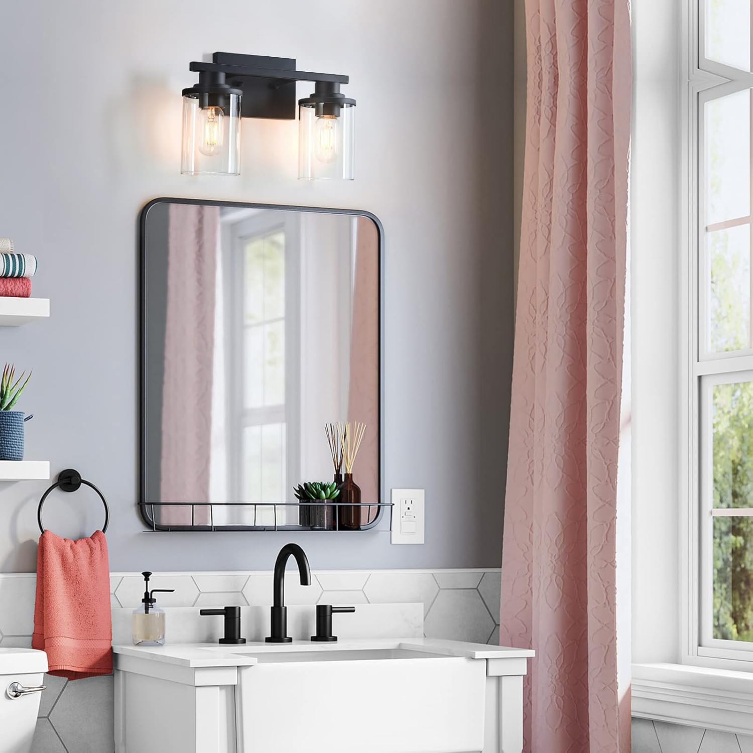 Matte Black 5-Light Bathroom Vanity Fixture with Glass Shades