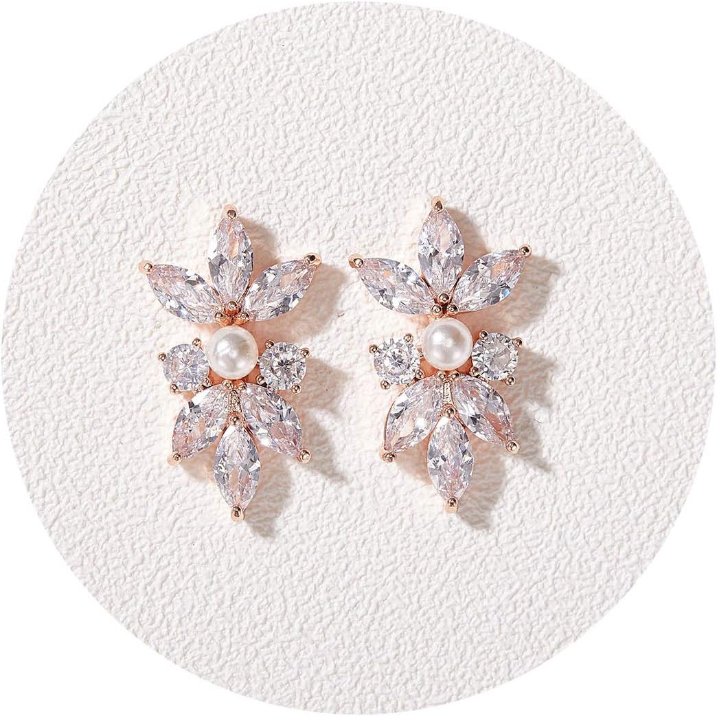 SWEETV Marquise Cubic Zirconia Wedding Bridal Stud Earrings for Brides Bridesmaids, Crystal Pearl Rhinestone Stud Earrings for Women Prom Party Jewelry Gifts