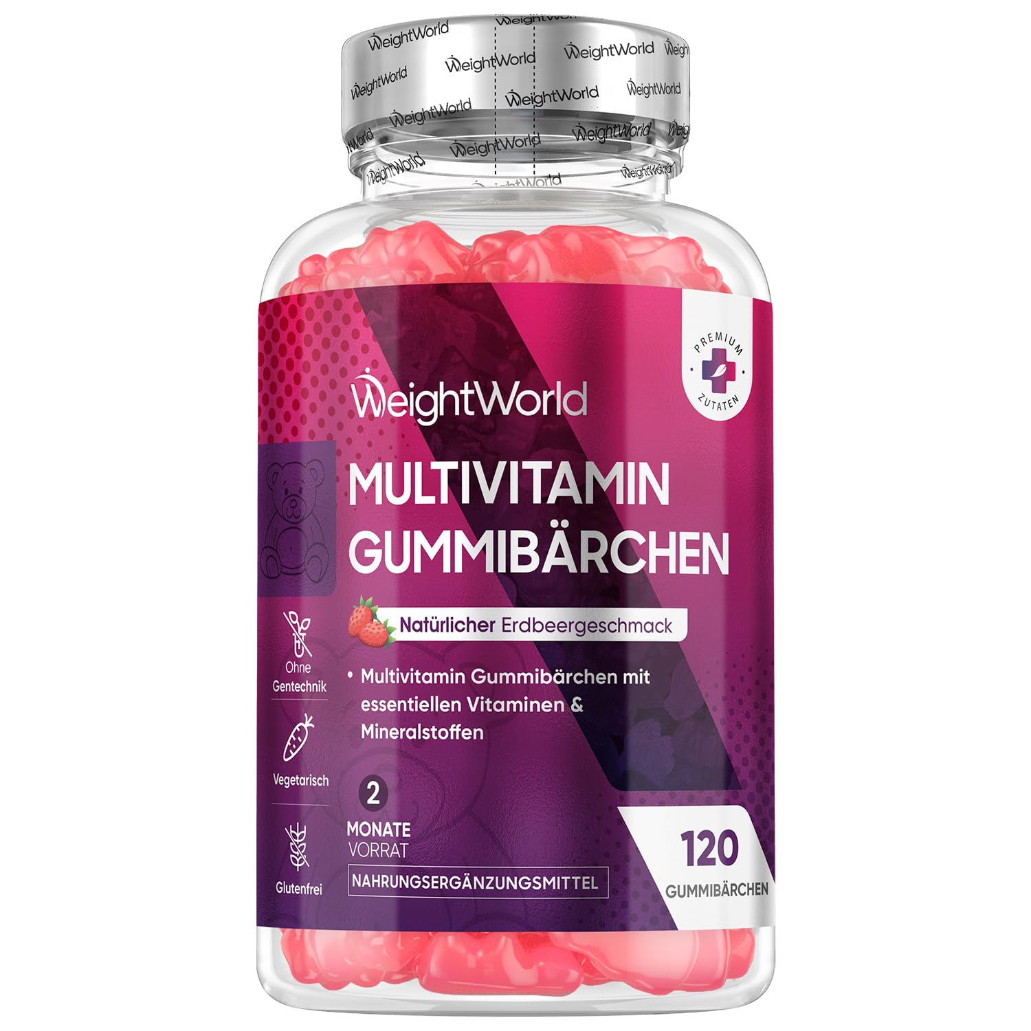 Multivitamin Gummibärchen - 120 Gummies mit 13 Zutaten - Mit Zink, Vitamin C, A,D3,E, B9,B5, Biotin - Erdbeergeschmack - 2 Monate Vorrat - Multivitamin Komplex - A-Z Vitamine - WeightWorld
