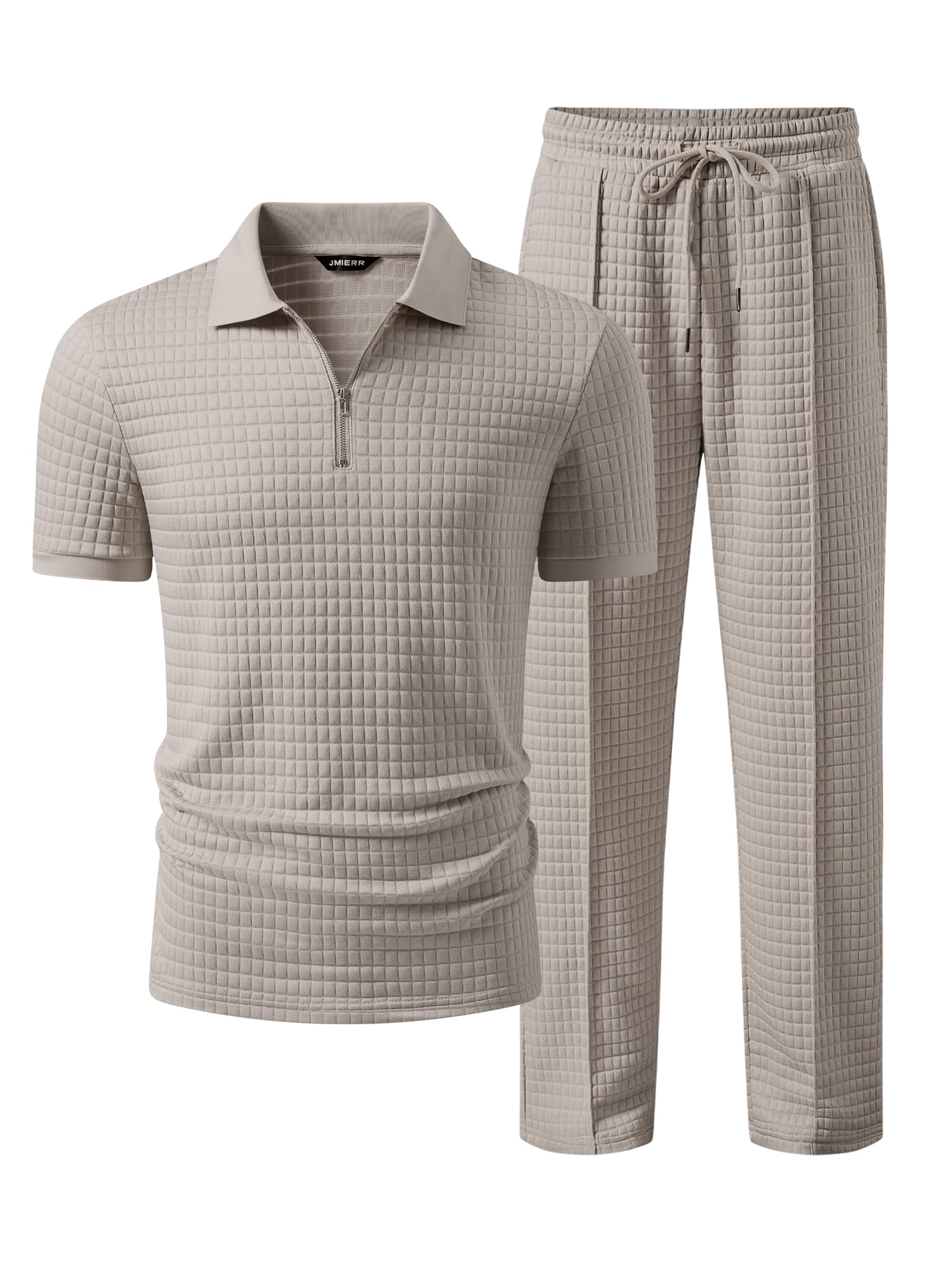JMIERR Mens Summer Outfits 2 Piece Short Sets Beach Waffle 1/4 Zip Polo Shirts Casual Loose Pant Loungewear