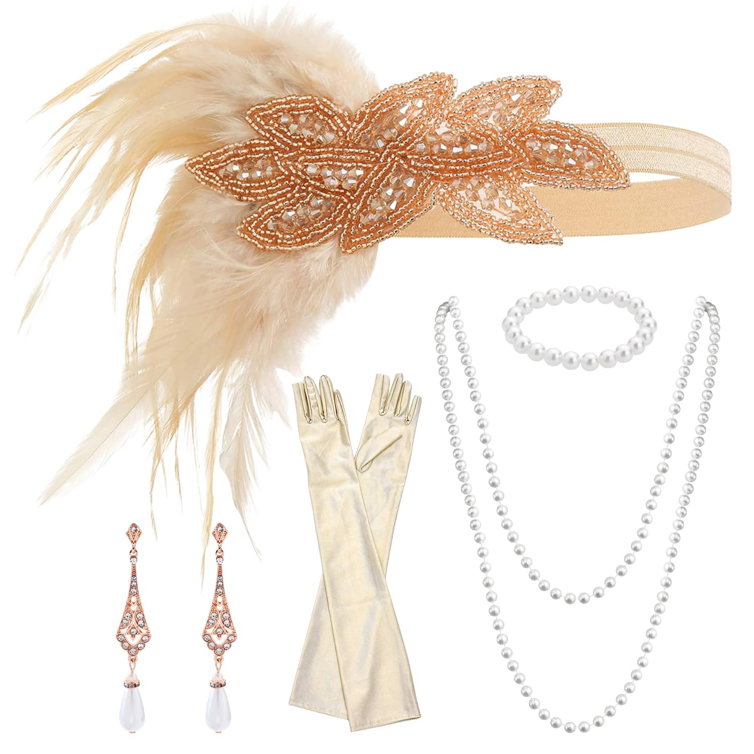 CYNOSURETECH 1 Feather Headdress, 1 Bracelet, 1 Necklace, 1 Pair Of Earrings And 1 Long Glove, Cosplay Props