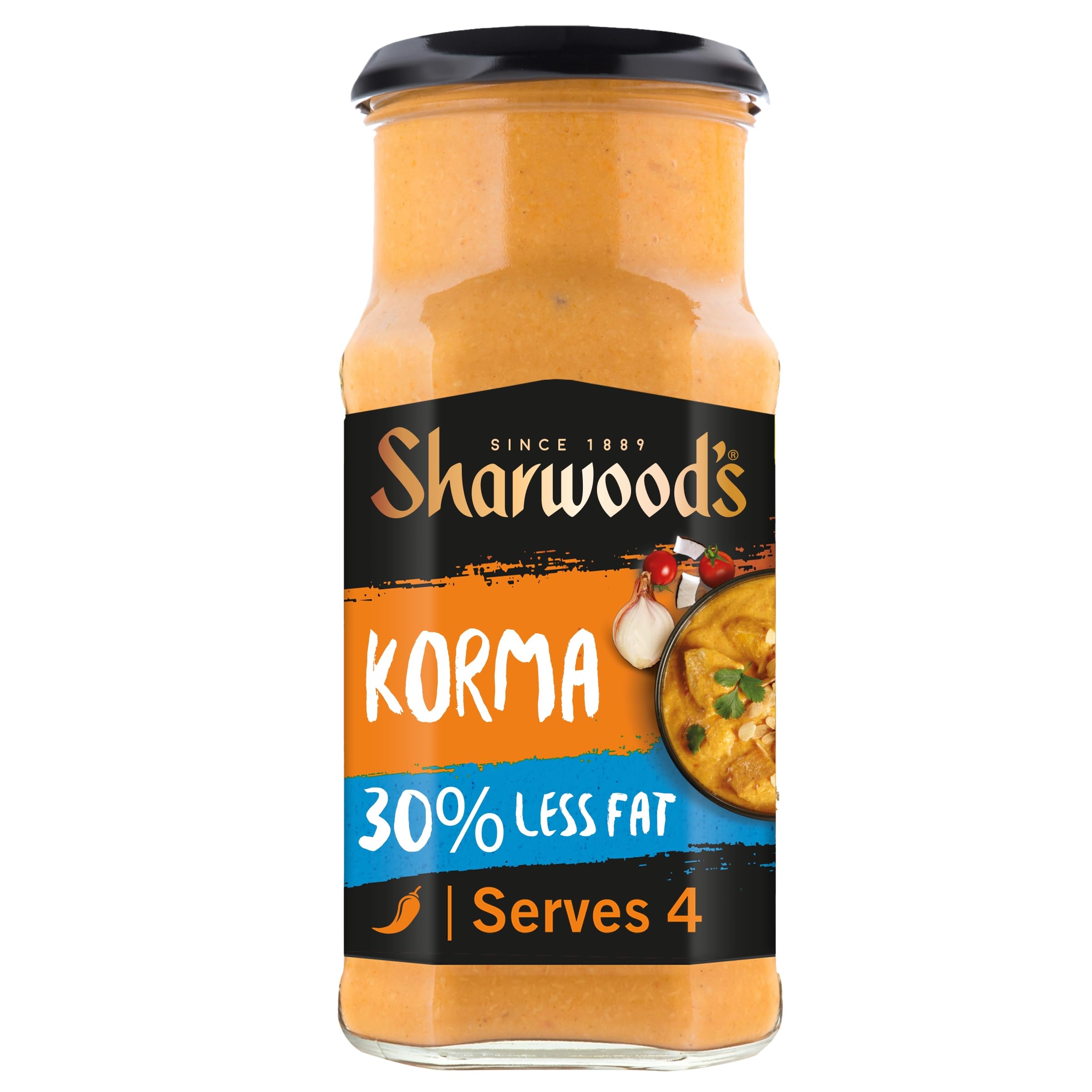 Sharwood's Indian Korma Sauce – 30% Less Fat, Creamy Coconut & Tomato Blend, Vegetarian Friendly, 420 g Jar (Pack of 1)