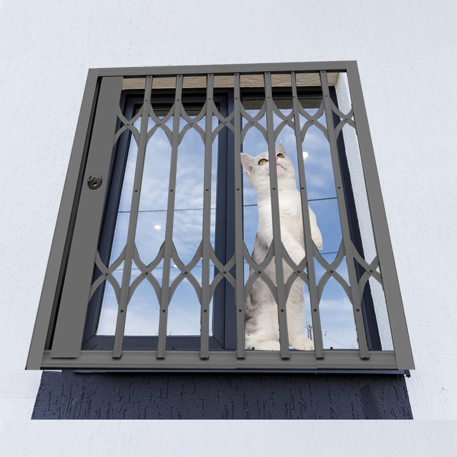 Wysuwana blokada okienna dla kota z aluminiowymi drążkami zabezpieczającymi przed kradzieżą, pasuje do okien przesuwnych o szerokości 61–91 cm (50,8 x 106,7 cm) – czarne rozwiązanie bezpieczeństwa dla