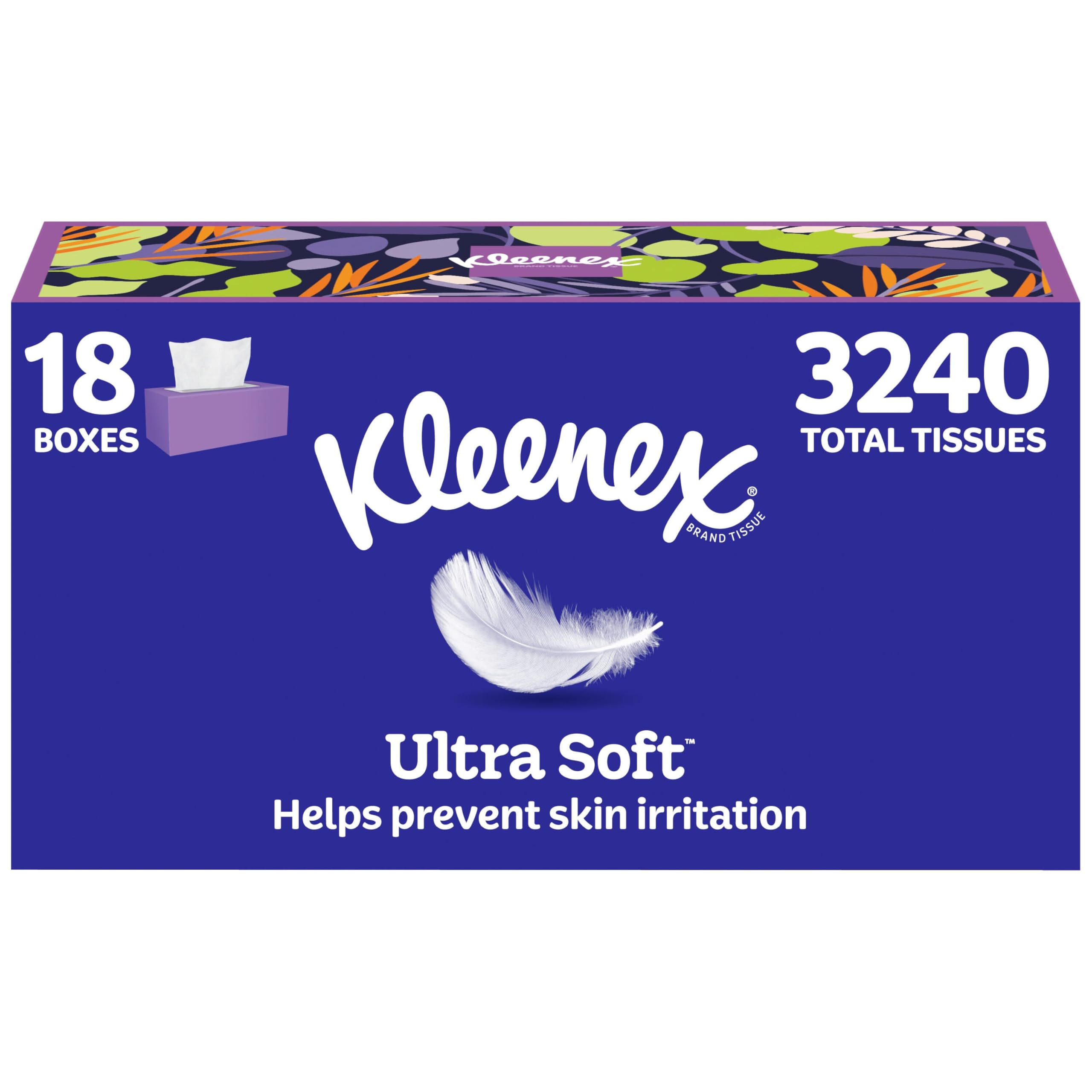 Kleenex Ultra Soft Facial Tissues, 18 Flat Boxes, 180 Tissues per Box