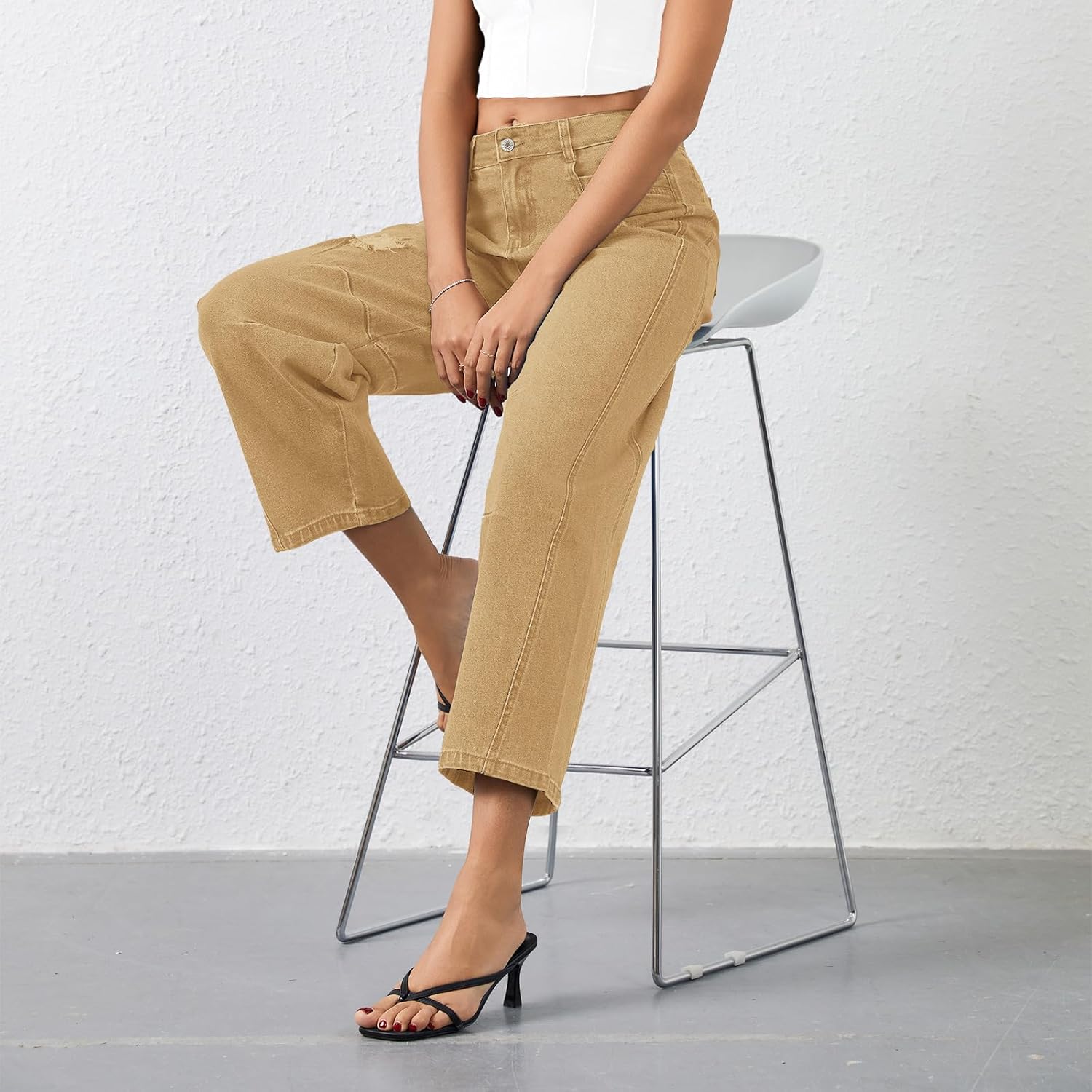 Metietila Womens Barrel Jeans Ripped Mid Rise Wide Leg Baggy Boyfriend Denim Pants - Image 4