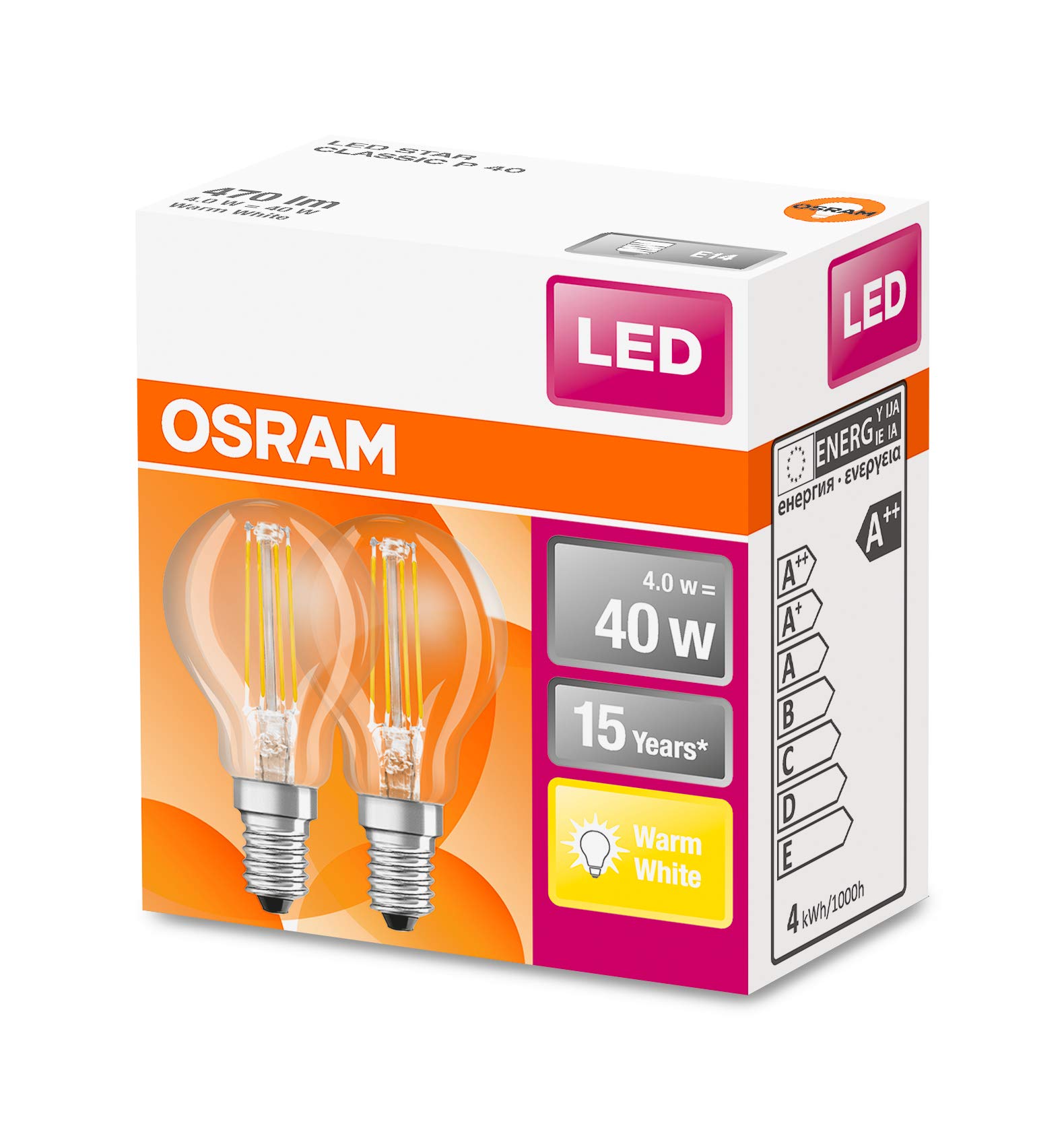 OSRAM LED Star Classic P, casquillo E14, no regulable, luz blanca cálida, sustituye a una bombilla convencional de 40 W, filamento, 10 unidades