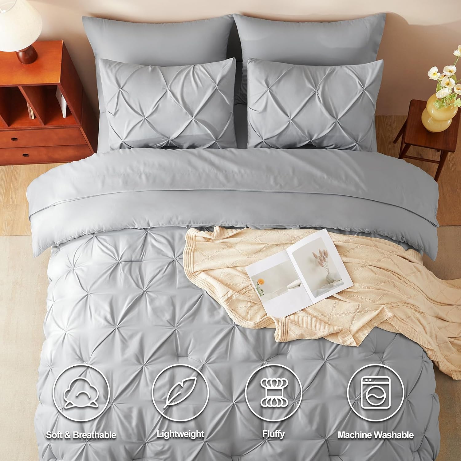 HIMEET Pintuck Bed in a Bag, 7 Pieces Full Size Comforter Set Light Grey, Pinch Pleat Bed in a Bag, Soft All Season Bedding Sets with Comforter, Flat Sheet, Fitted Sheet and Pillowcases & Shams