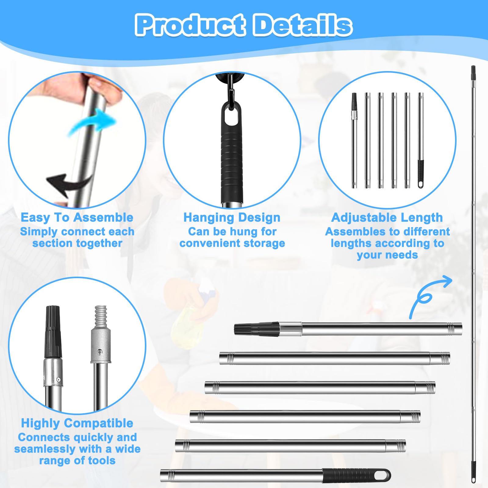 2.2M Kit Manche Telescopique avec Poignée PP, Perche Nettoyage Toiture Acier Inoxydable, Brosse Nettoyer Gouttière Extension, Canne Extensible Vitres 6 Segments pour Rouleau Peinture