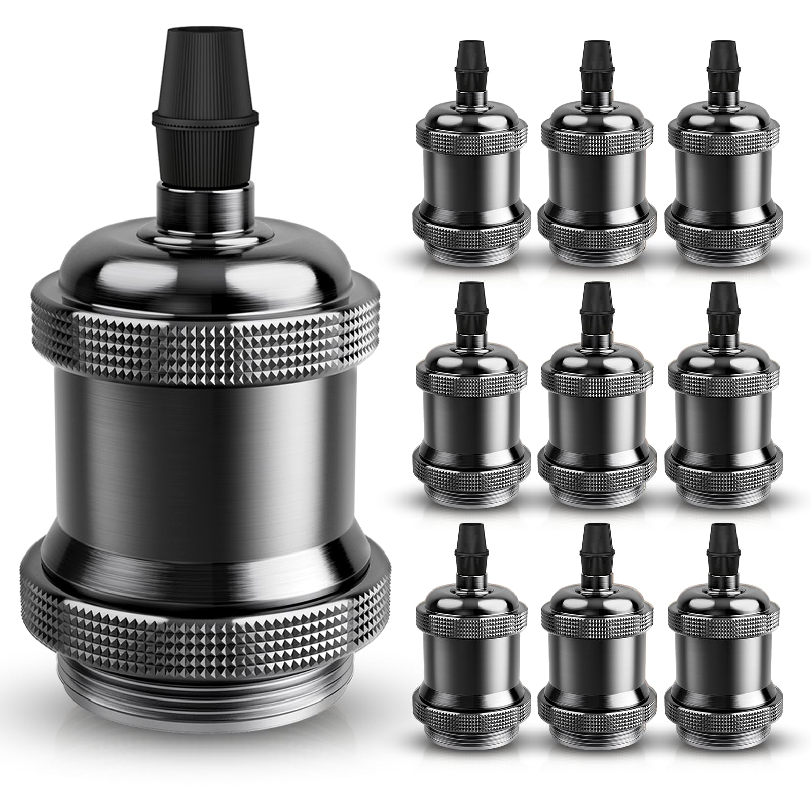 DiCUNO E27 vintage solid Lampenfassung, Aluminium & Keramik Lampenhalter, E27 Sockel für Glühbirne, Antiker-Look für Wand-, Tisch- & Deckenleuchte, DIY Zubehör, Pearl Black, 10er Pack