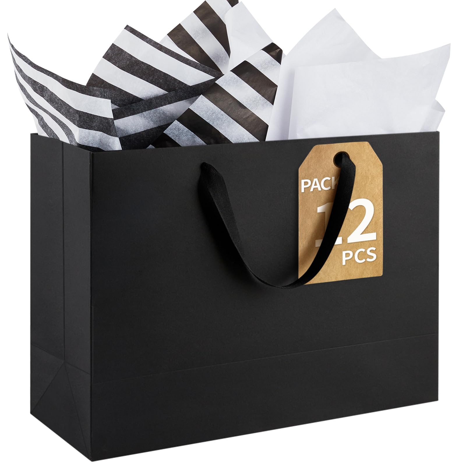 Ohuimrt 12-Count Extra Large Black Gift Bags with Tissue Paper, 16x6x12 Inch Premium Matte Black Paper Bags with Handles for Party Shopping Birthday Wedding