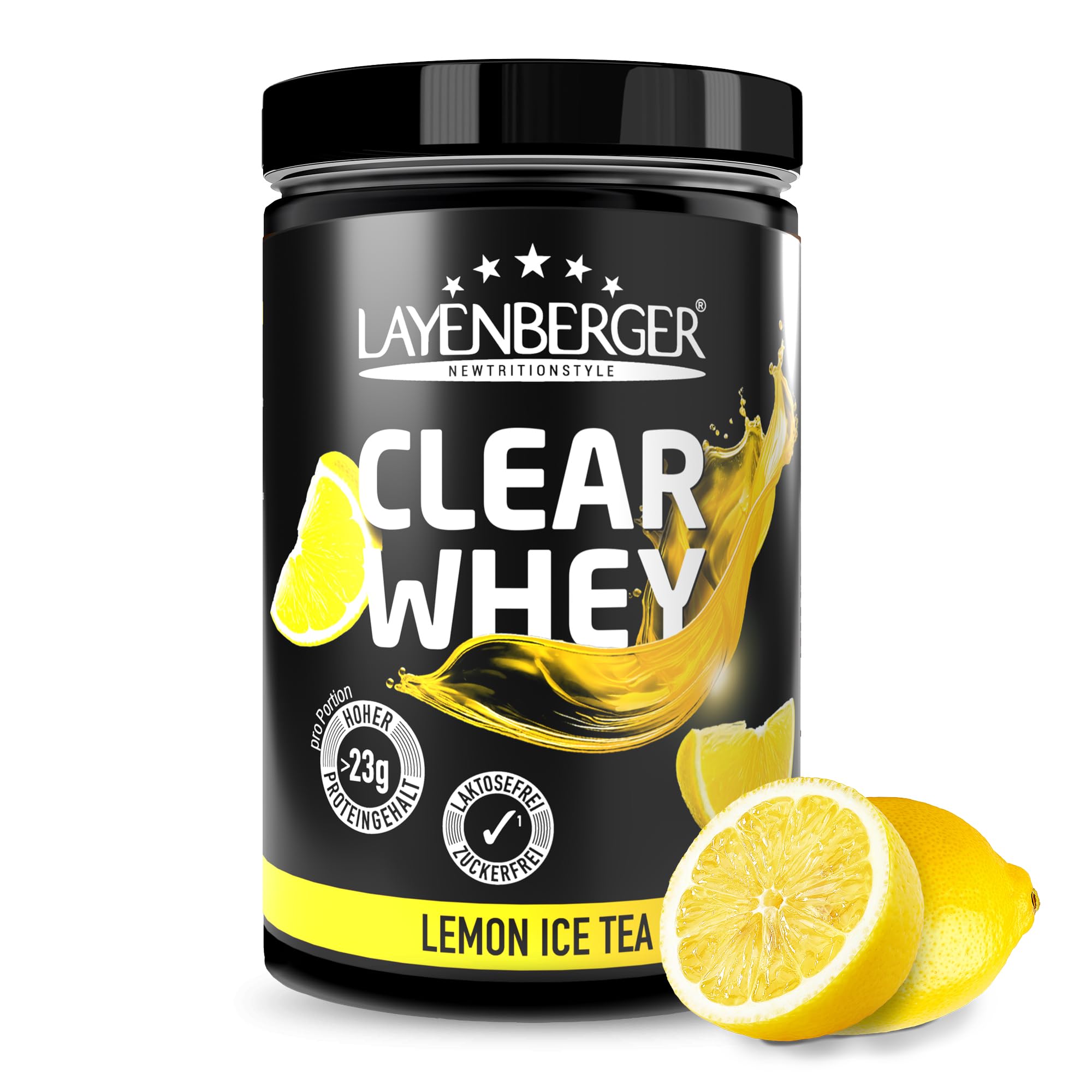 Layenberger CLEAR WHEY Protein Pulver zum Anrühren, klarlösliches Molkeneiweißisolat für Muskelaufbau, 77% Eiweiß, 22,7% BCAA (1x 420 g) - Eistee-Zitrone