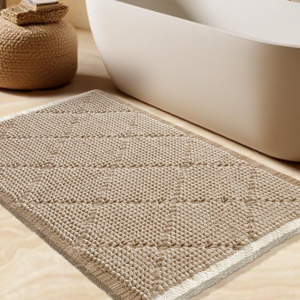 Waffle Bath Mat, Boho Woven Modern Bath Rug Absorbent Non Slip, Ultra Soft Bathroom Mats, Machine Washable Knit Bath Rugs with Rhombus for Bathroom, Bedroom, Kitchen, Shower, 32"x20", Beige &amp; White