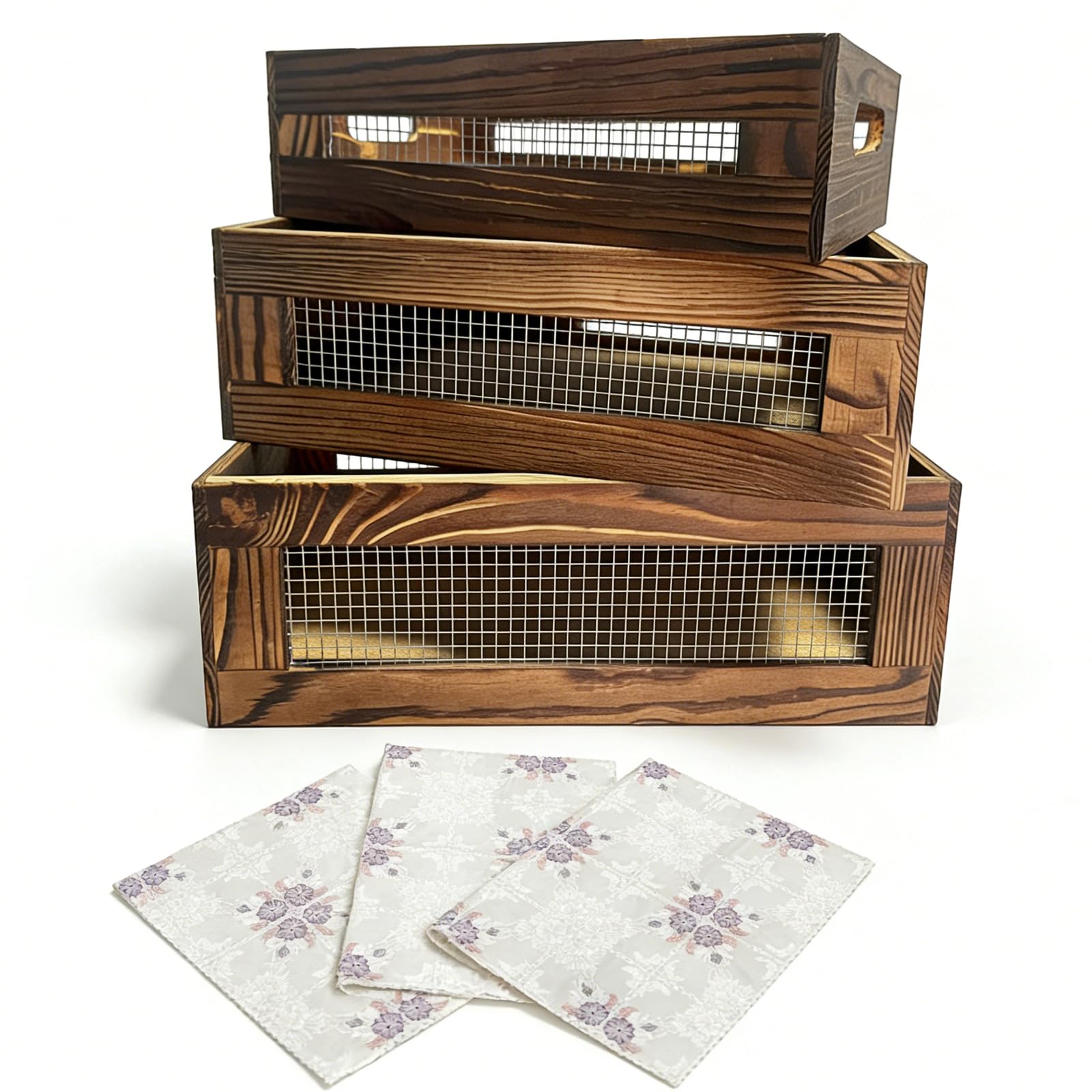 Photo 1 of Set of 3 Rustic Nesting Boxes, Wooden Crates with Handles, Small Wooden Basket for Storage, Farmhouse Wood Storage Box for Kitchen Pantry Countertop Fruits Vegetables, Include 3 Anti-Slip Tablecloth