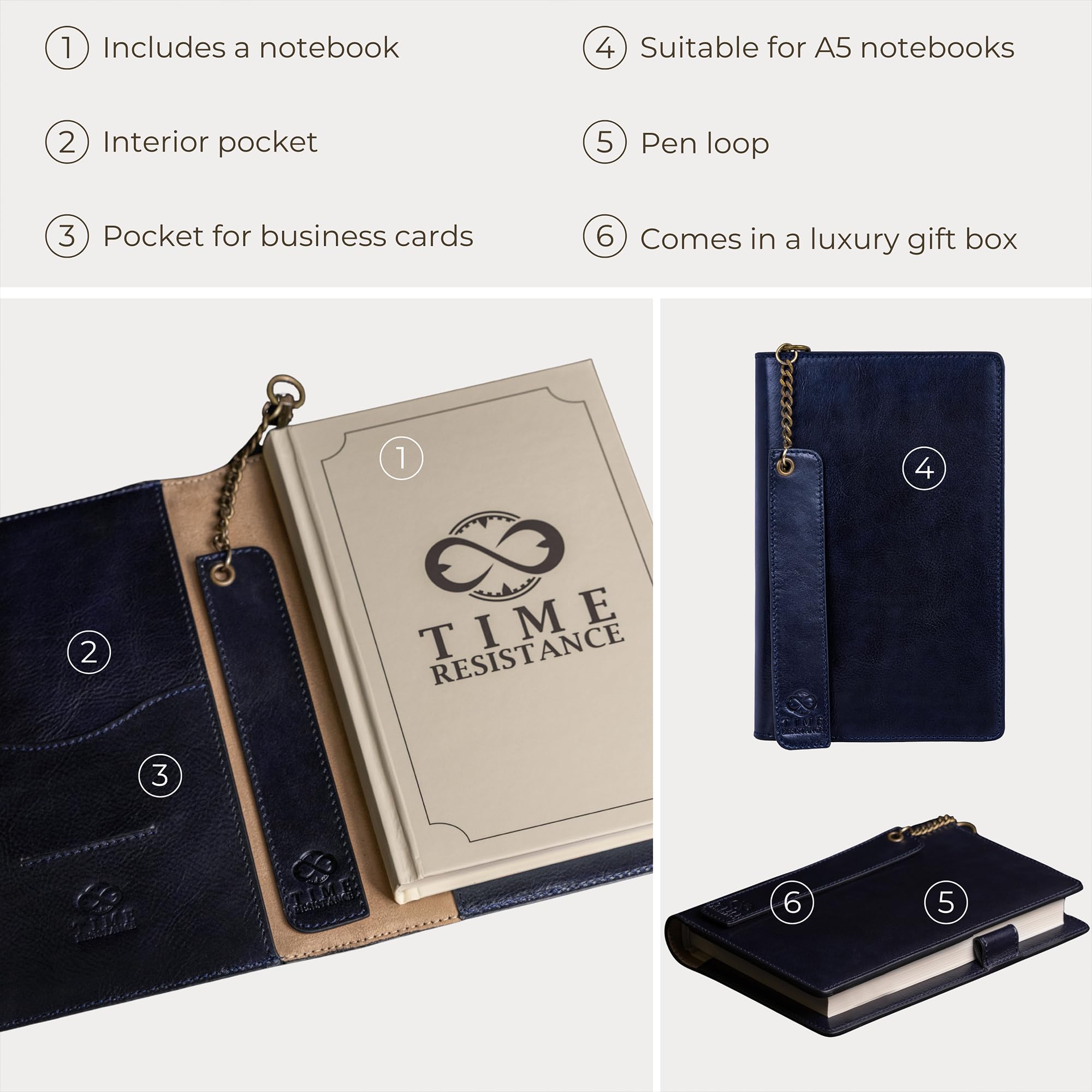 Time Resistance Journal en cuir avec bloc-notes rechargeable A5 et marque-page Couverture avec passant pour stylo