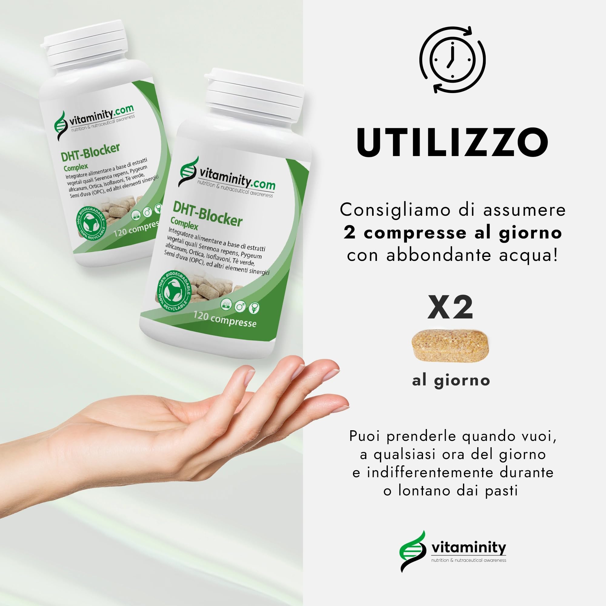 Vitaminity DHT Blocker - Integratori per capelli con serenoa repens e ortica 120cpr gastroprotette, Anticaduta capelli donna e uomo, anti DHT, Constrasta la Caduta - Made in Italy